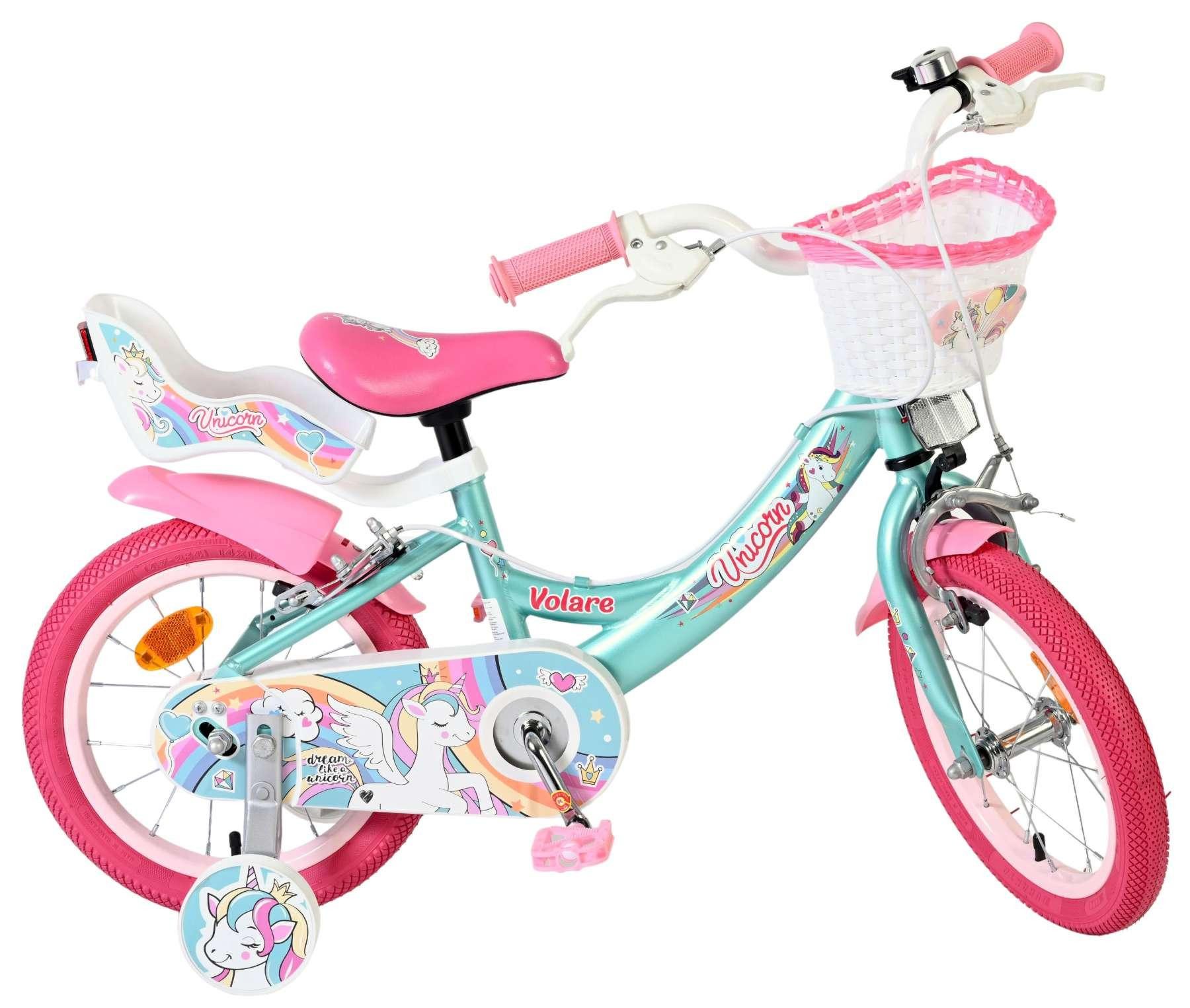 Volare Kinderfahrrad Unicorn 14 Zoll Grün mit zwei Handbremsen, Einhorn- & Regenbogenmotiv, verspieltes Einhorn-Design, Regenbogenmotive, geschlossene Kette