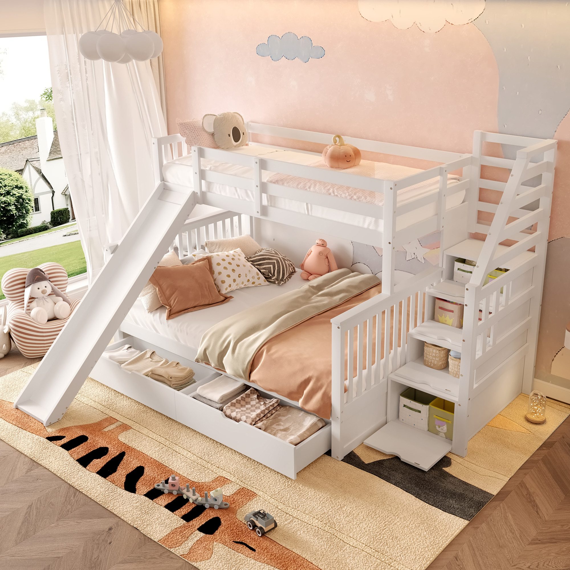 Flieks Etagenbett, Kiefer Kinderbett mit Rutsche & Выдвижные ящики 90x200cm+140x200cm