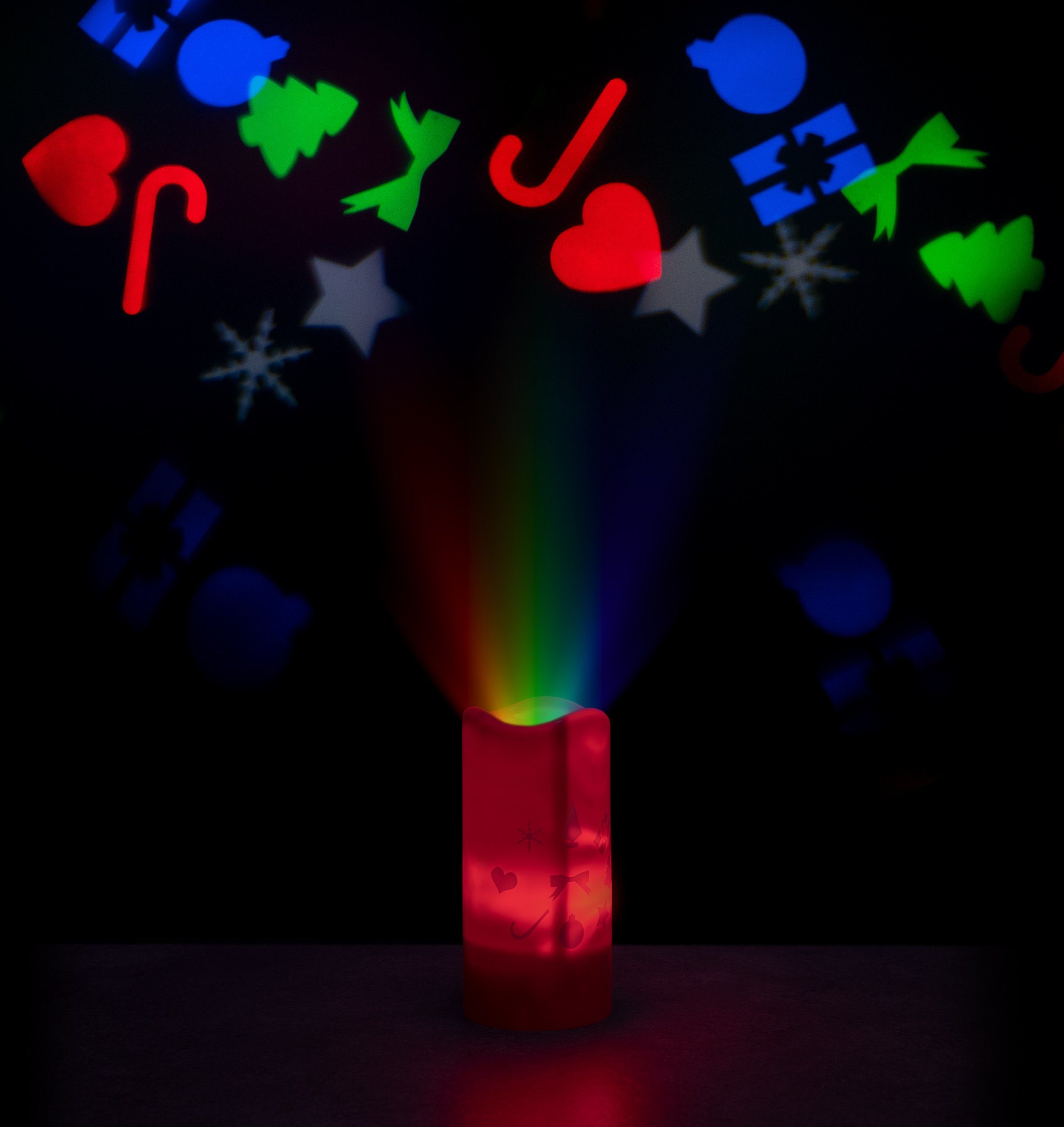 kamelshopping LED-Kerze LED Kerze mit Projektor, batteriebetrieben, ca. 15  cm hoch, verschiedene Weihnachtsmotive wie Sternenhimmel, Rentierschlitten  etc.