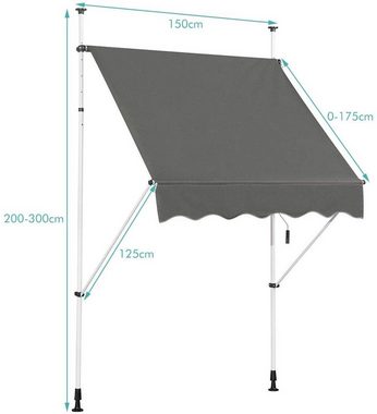 COSTWAY Klemmmarkise 150cm breit, höhenverstellbar 200-300cm, Grau