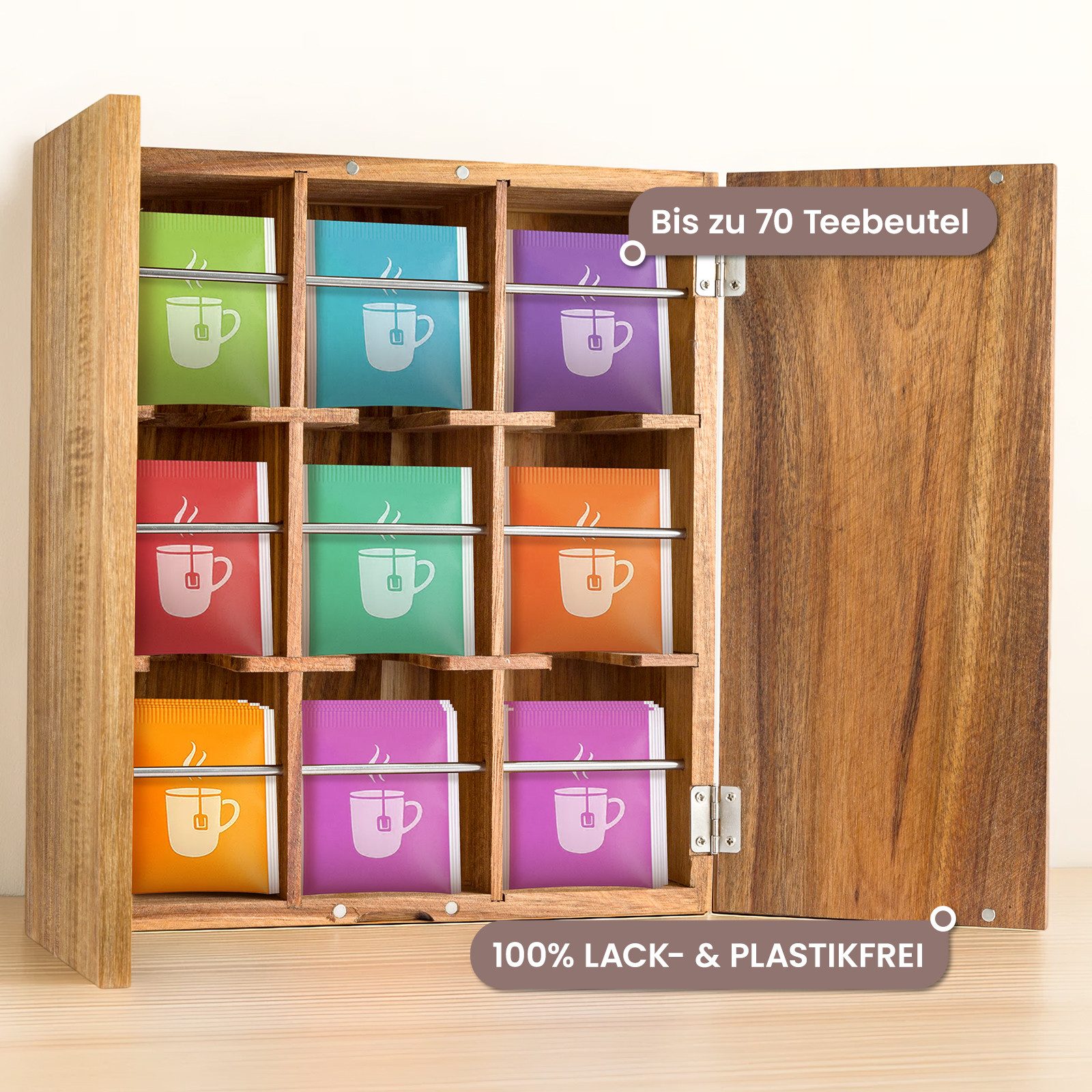Youyijia Aufbewahrungsbox Organizer-Box aus Holz mit Deckel, 9 Fächer für Tee und Kaffee – Bild 3 von 5