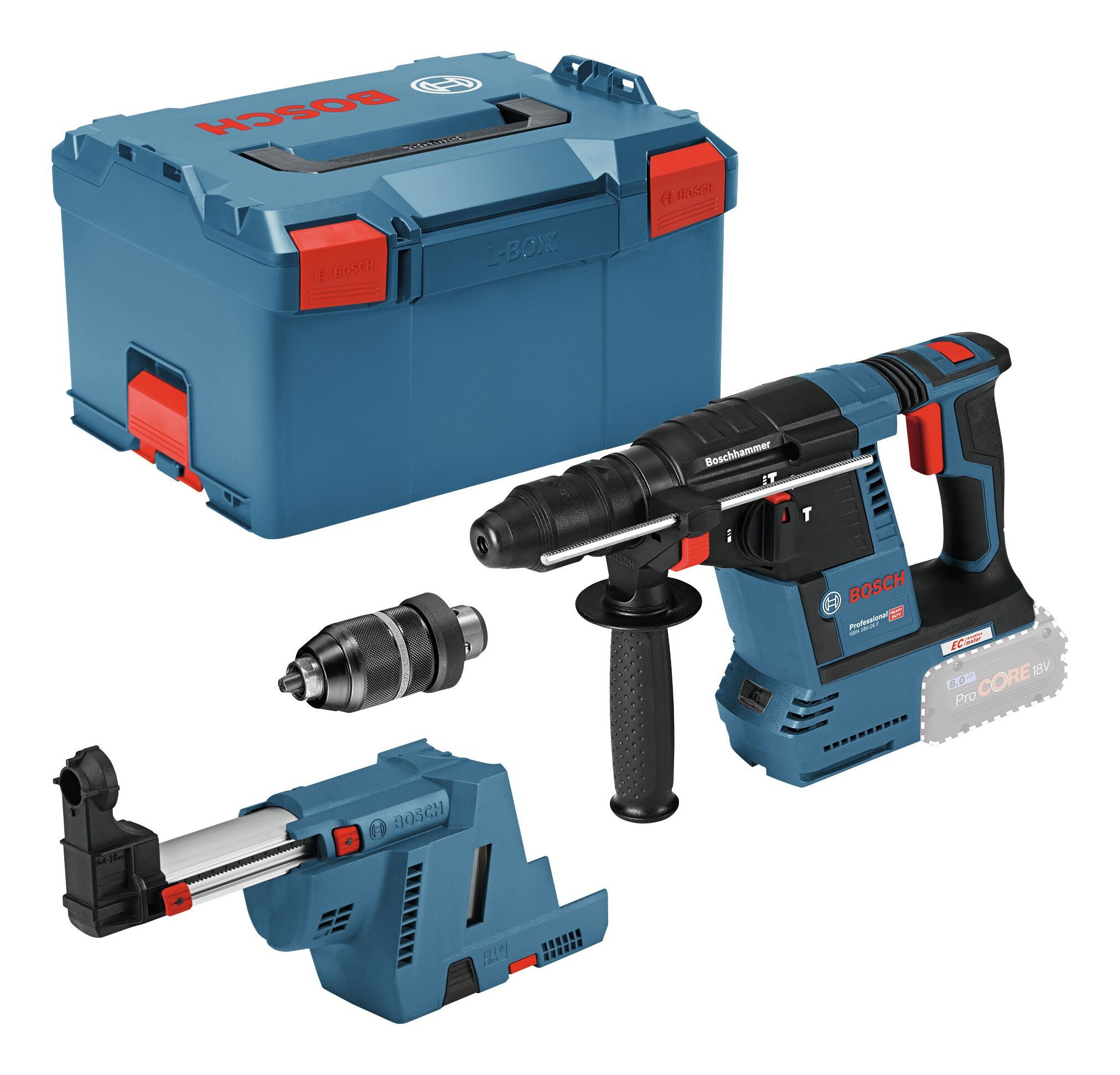 BOSCH Akku-Kombibohrhammer GBH / GDE, 18 V, max. 980 U/min, Bohrhammer mit SDS plus GBH 18V-26F + GDE Ohne Akku - in L-BOXX 238