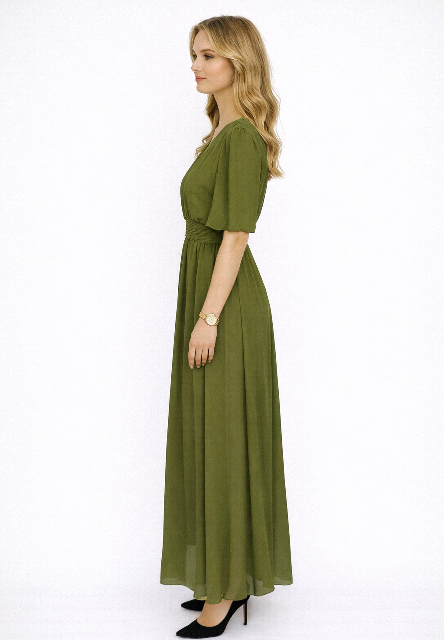 Elara Maxikleid Damen Maxikleid mit V-Ausschnitt, Flügelärmeln und gesmokter Taille (1-tlg)