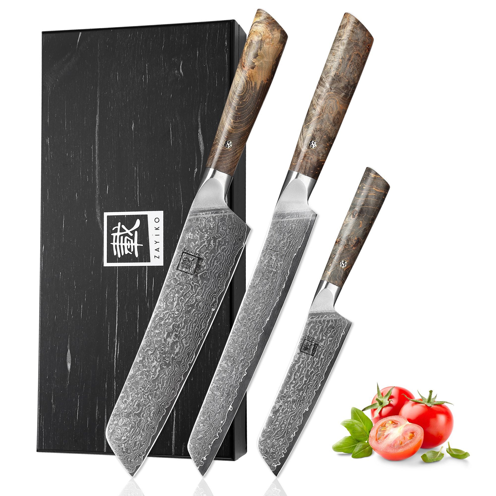 ZAYIKO Messer-Set Professional Series Damastmesser I 12-20 cm Klingen I Ahornholzgriffe (Damastmesser mit Geschenkbox, 3-tlg), 67 Lagen Damaststahl, VG-10 Stahlkern