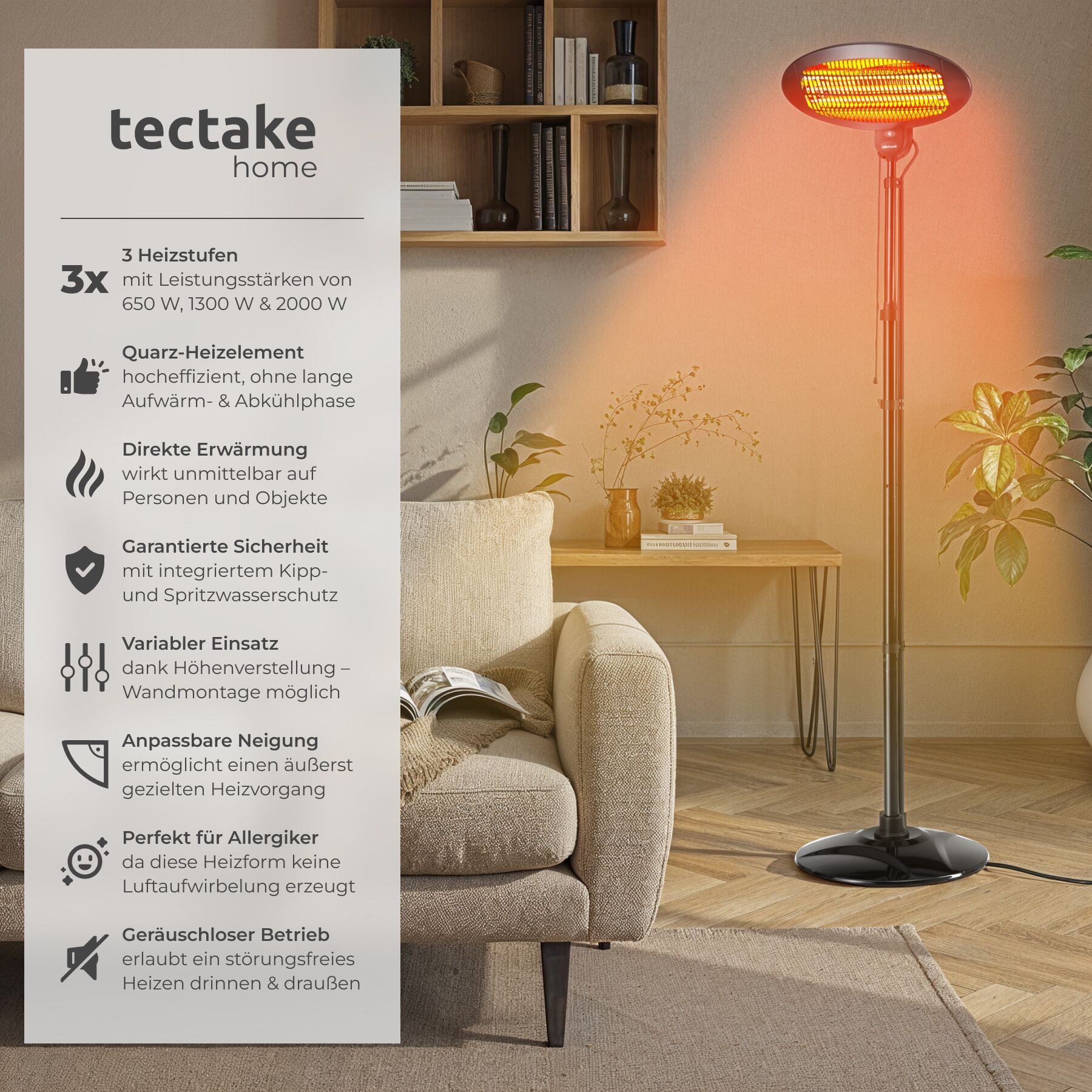 tectake Infrarotstrahler Terrassenheizstrahler, 50 x 50 x 136 - 213 cm, keine Luftzirkulation, 650, 1300 und 2000 W, höhenverstellbar und neigbar, mit Kippschut – Bild 2 von 5