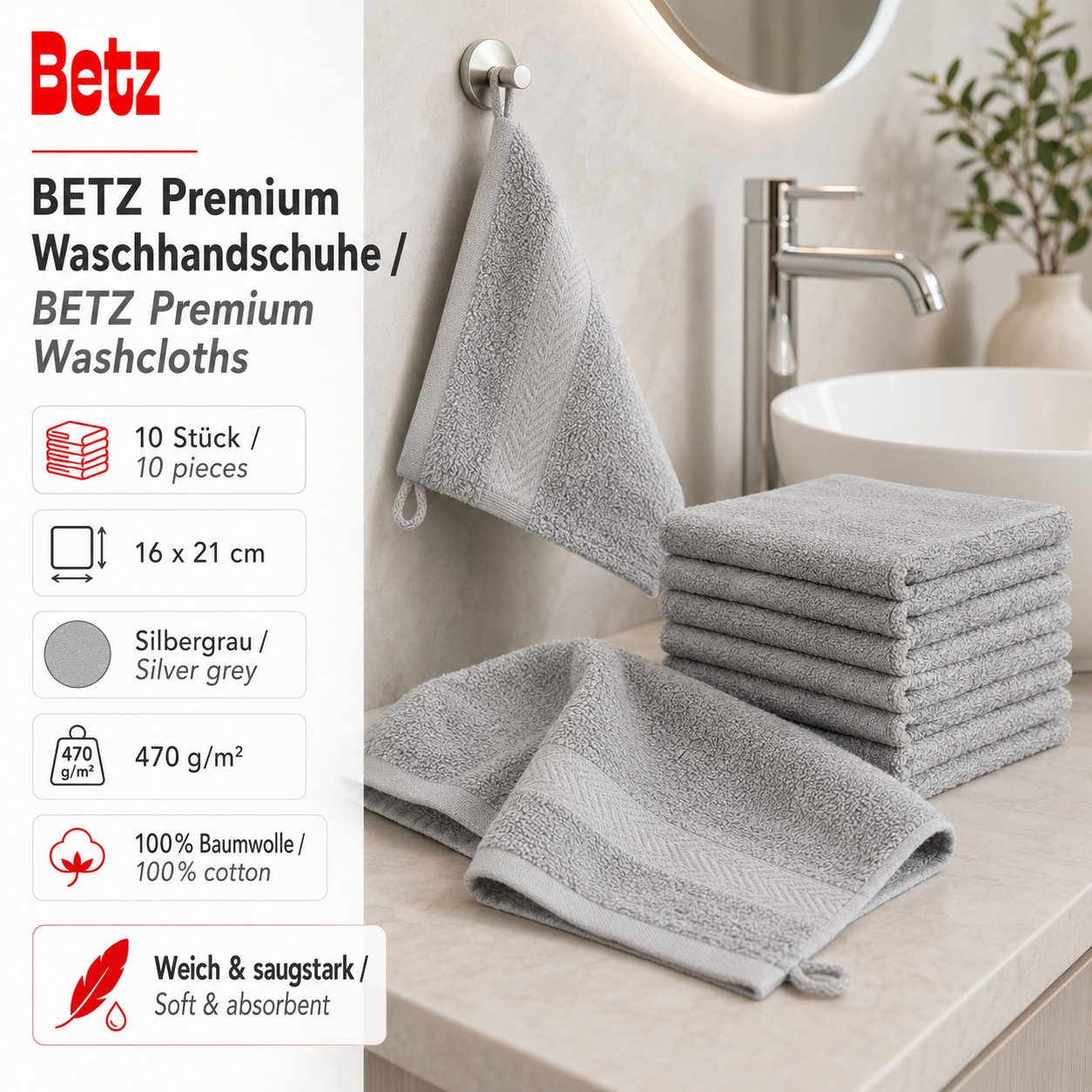 Betz Waschhandschuh 10-tlg. PREMIUM Größe 16 cmx21 cm, Baumwolle (Set, 10-St), 100% baumwolle – Bild 2 von 5