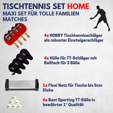 Best Sporting Tischtennisschläger Set HOME - 4 Schläger, 4 Taschen, Flexi Netz und 1* Tischtennisbälle (10-teiliges wertiges Tischtennis Set I Tischtennissets I Table Tennis Racket)
