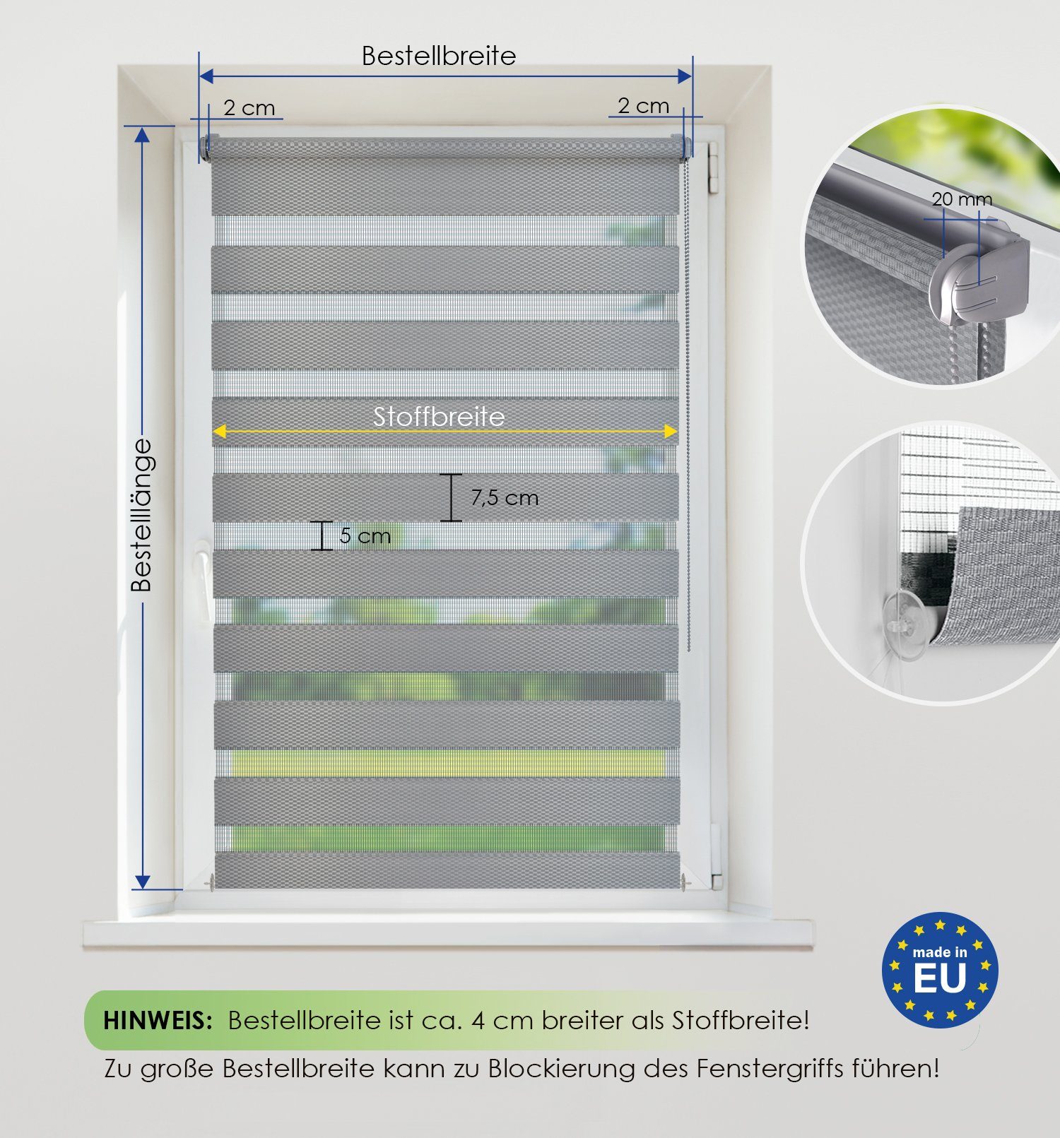 Doppelrollo Fensterrollo RON Klemmfixierung Zebrarollo Seitenzugrollo, Rikmani, Klemm- oder Schraubmontage