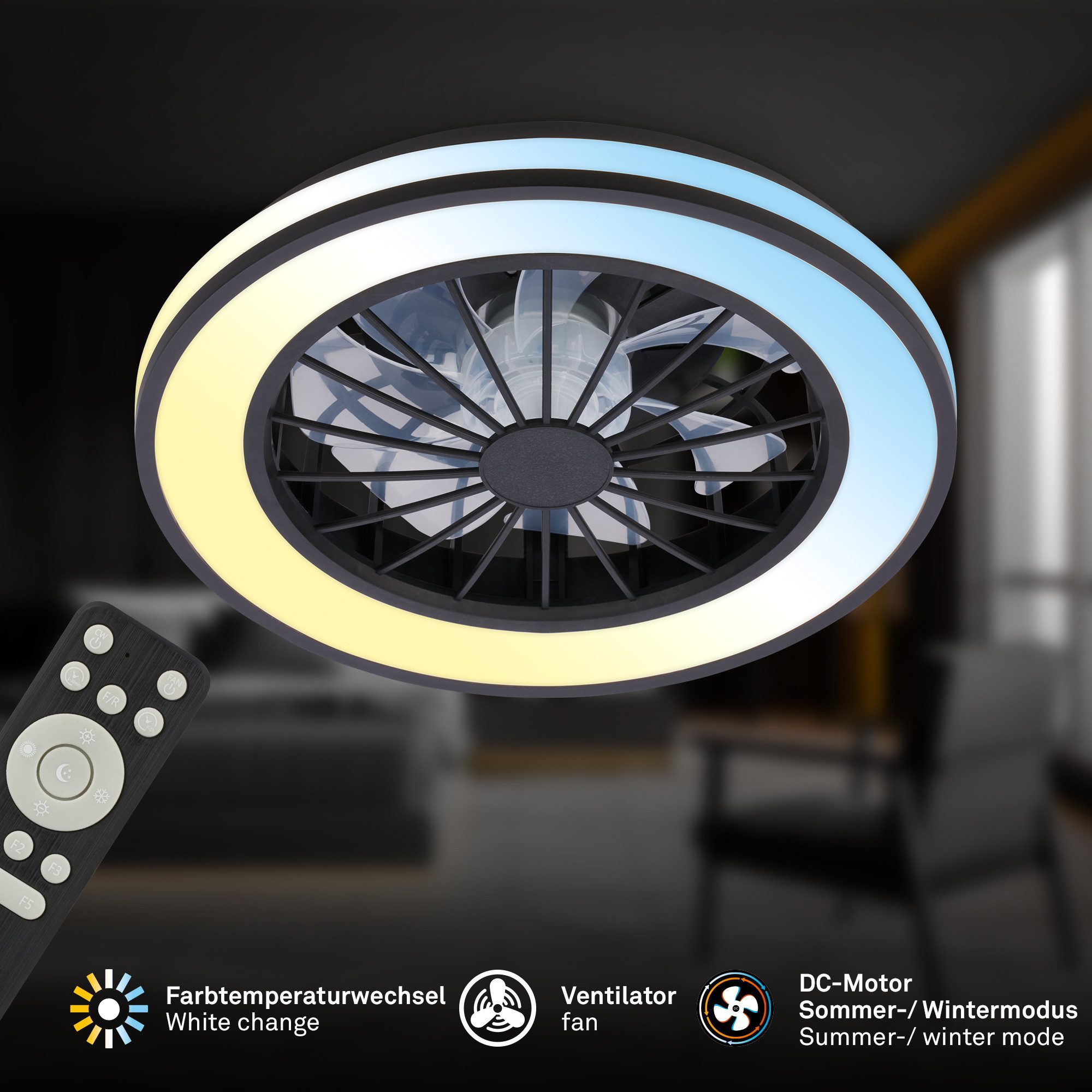 Briloner Leuchten LED Deckenleuchte Deckenventilator mit Licht dimmbar Nachtlicht CCT Sommer/Winter, CCT, LED fest integriert, CCT - Farbsteuerung, 48,5x14,5 cm, 49 Watt, Schlafzimmer, Wohnzimmer
