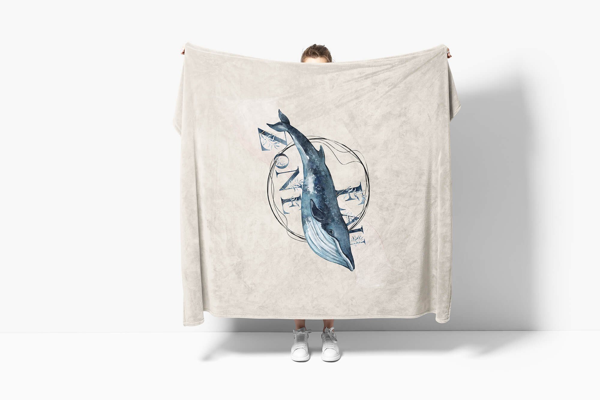 Handtuch Baumwolle-Polyester-Mix Blauwal Saunatuch Strandhandtuch Kunstvoll Sinus Motiv, (1-St), Kuscheldecke Handtücher Ozean Handtuch Art