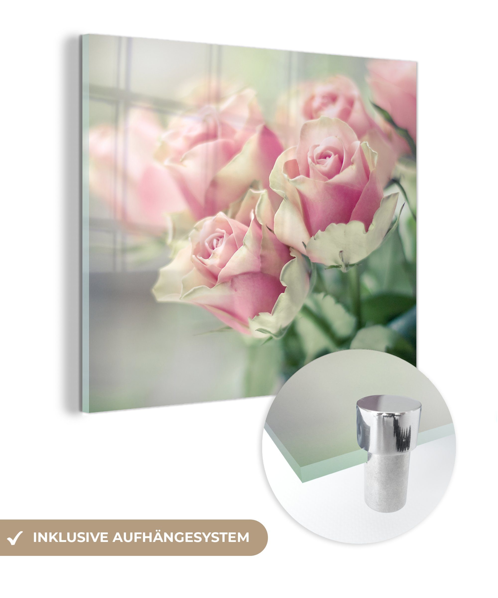 (1 Glasbilder - Rosen auf leuchten Foto hellen MuchoWow Glas - auf - Bilder Rosa im Wandbild St), Wanddekoration Glas Sonnenlicht, Acrylglasbild