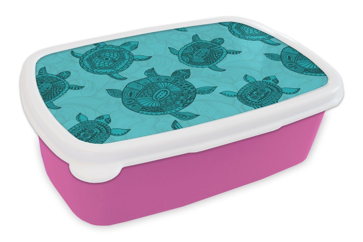 MuchoWow Lunchbox Schildkröte - Muster - Indonesien, Kunststoff, (2-tlg), Brotbox für Erwachsene, Brotdose Kinder, Snackbox, Mädchen, Kunststoff rosa