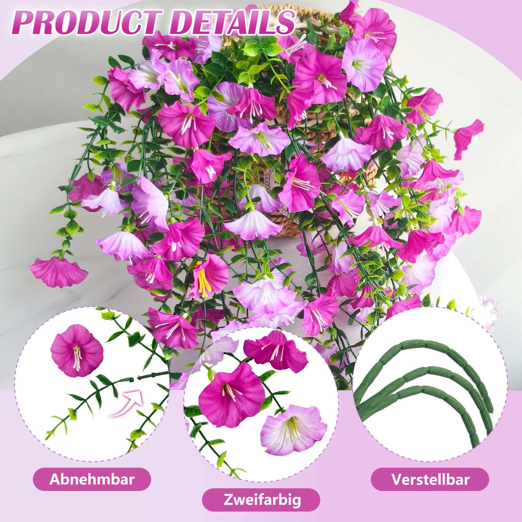 Kunstblume 4 Stück Kunstblumen Künstliche Hängepflanzen, FOUORTUNATE-BEE, Wetterfest Künstliche Blumen Ranken für Außen Innen Balkon Terrasse