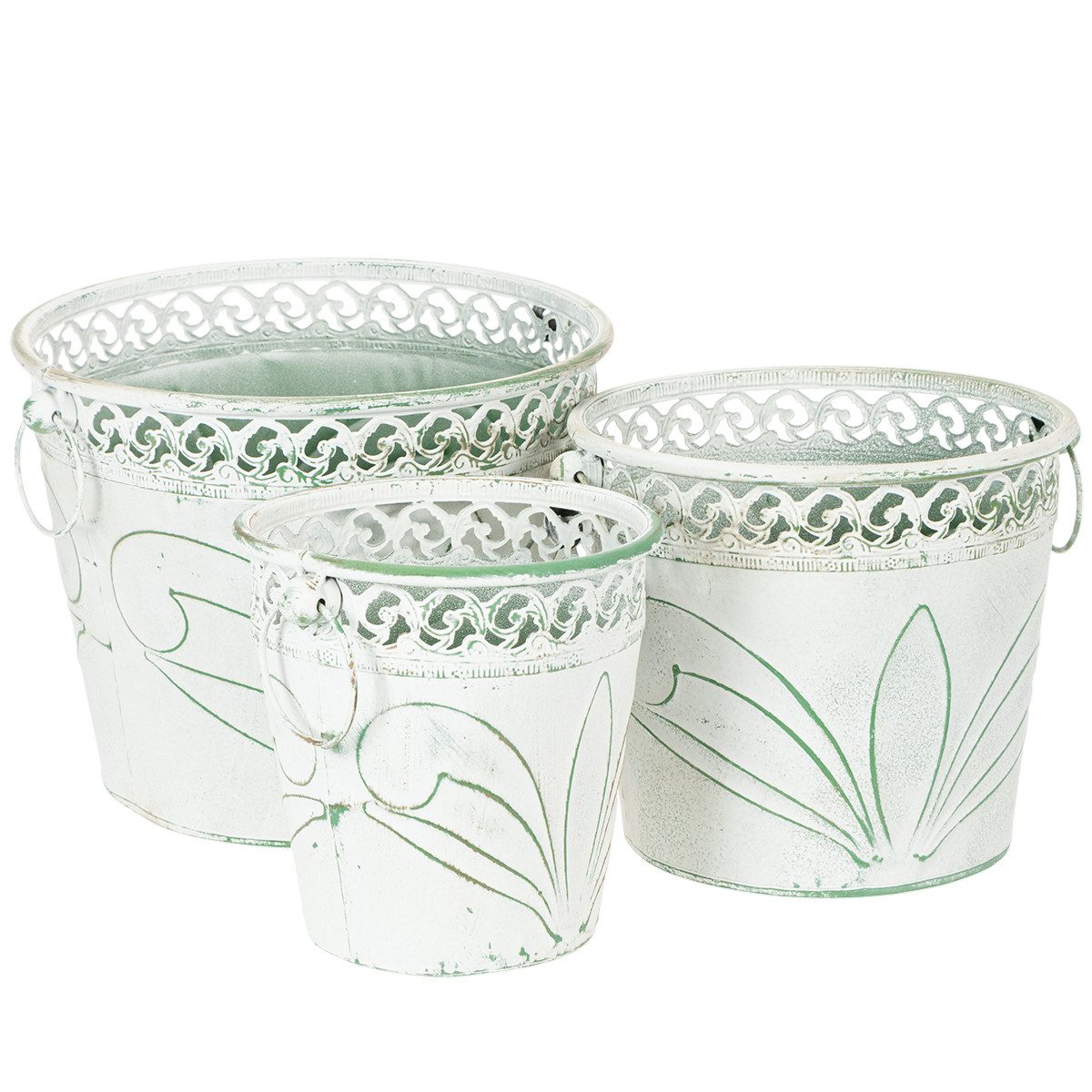 Florists Products Übertopf 3er Set Metall-Pflanzkübel mit Henkel, Verzierung, Shabby