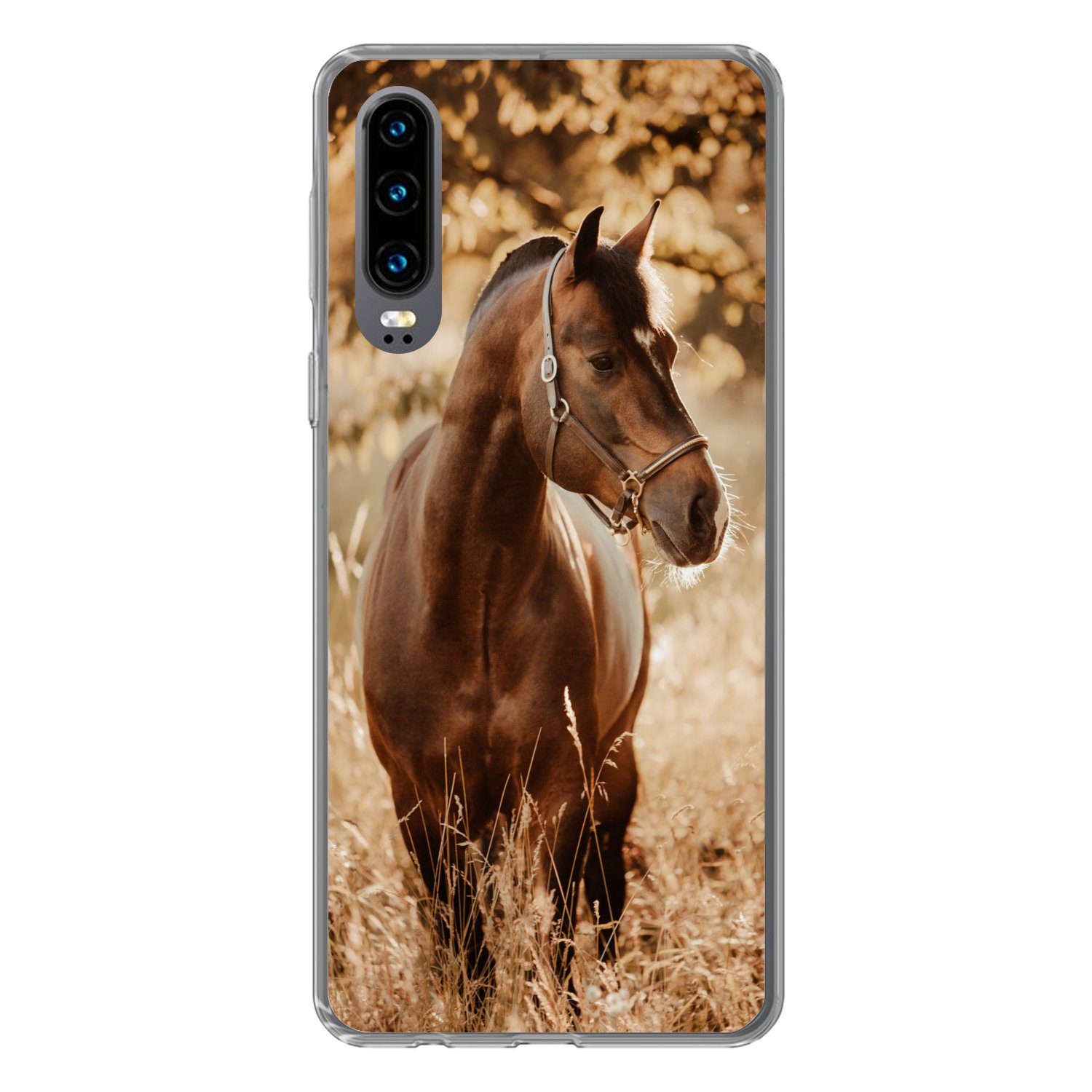 MuchoWow Handyhülle für Huawei P30 Pferd - Sonne - Porträt - Natur - Braun, Handy Case, Silikon, Bumper Case Dünn