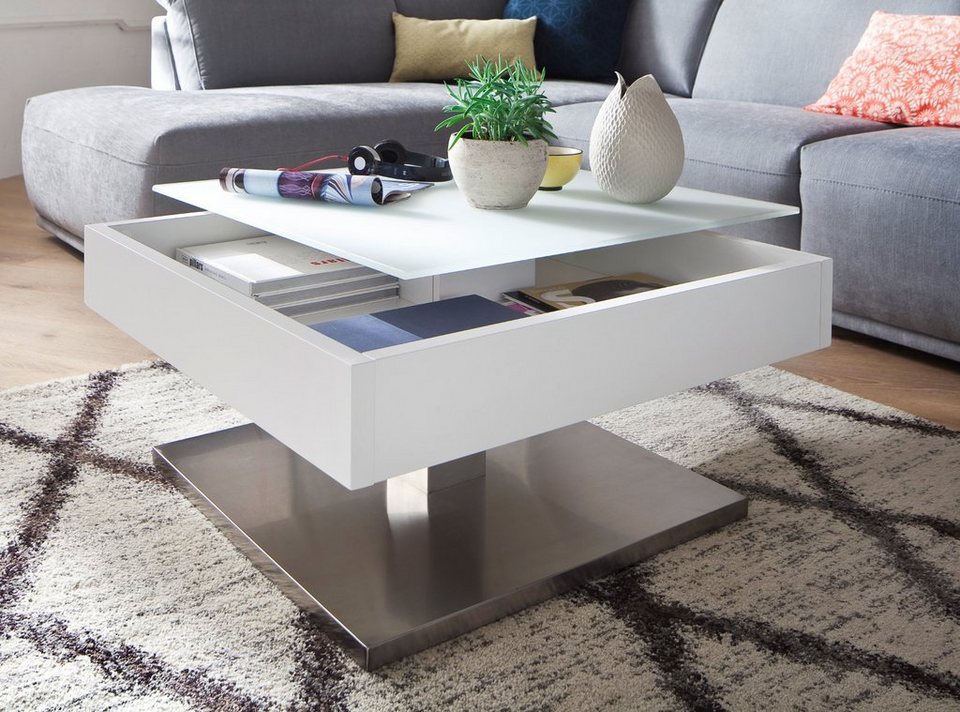 MCA furniture Couchtisch Mariko (Wohnzimmertisch quadratisch, 75x75 cm,  weiß Lack und Edelstahl), mit Stauraum, Tischplatte aus lackiertem Glas,  ca. 10 mm stark