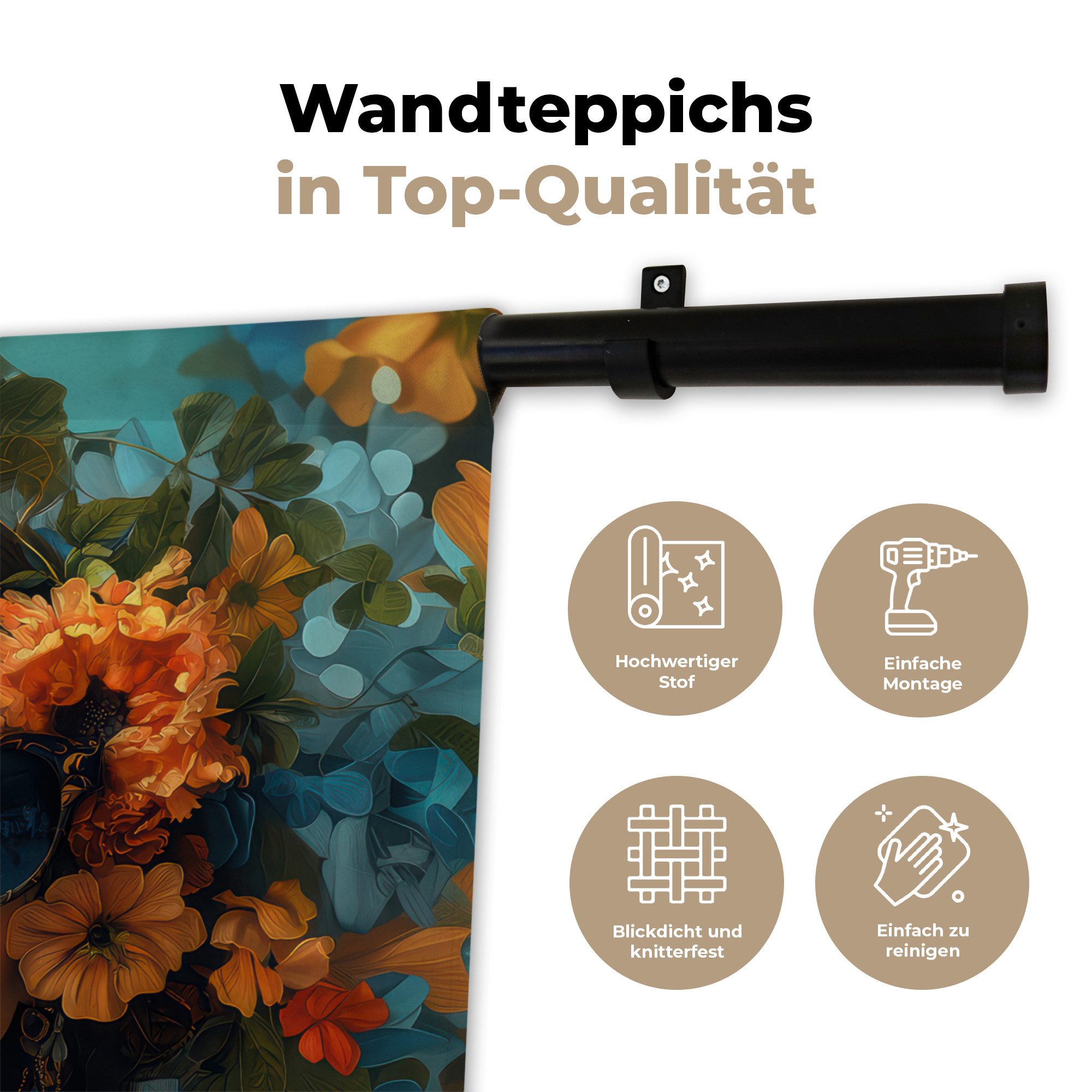 MuchoWow Wandteppich Frau - Blumen - Orange - Blau - Modern, Quadratisch, Höhe: 3 mm, Wand Teppich, Deko für an den Wand, 60x60 cm
