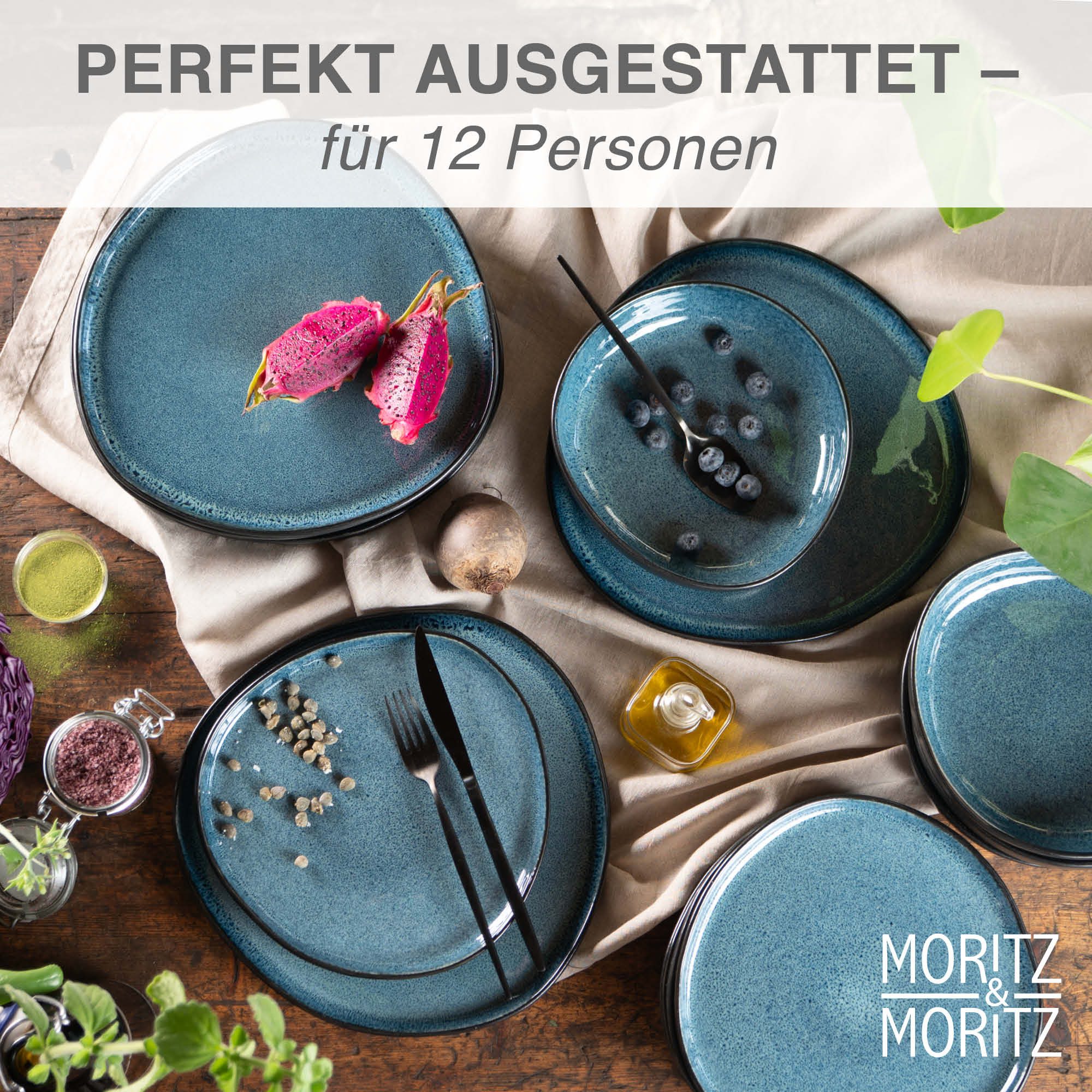 Moritz & Moritz Kombiservice ORGANIC reaktiv blau Geschirrset 36 tlg. (36-tlg), 12 Personen, Steinzeug, Kombigeschirr für 12 Personen