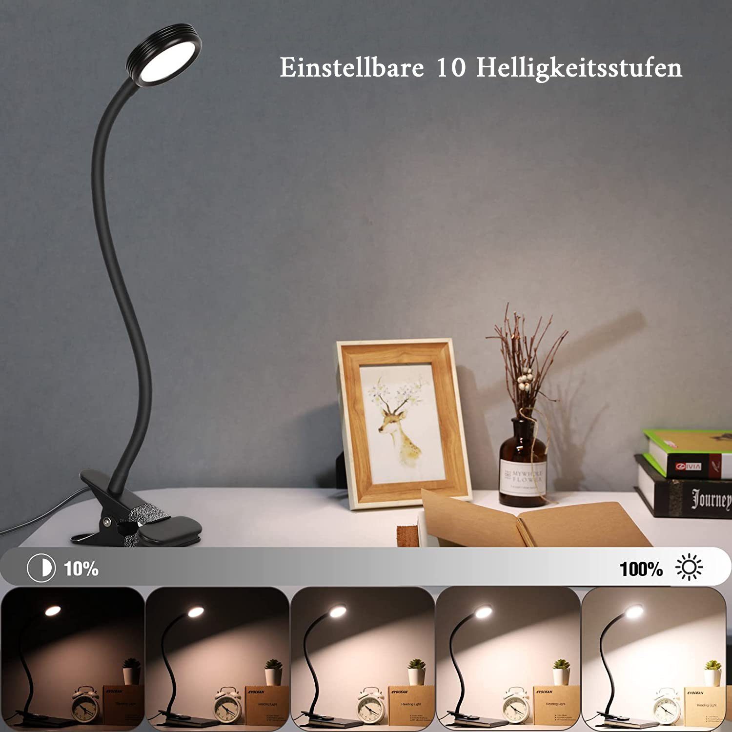 GelldG Schwanenhals LED schwarz Nachttischlampe, Leselampe, Leselampe Klemmleuchte LED
