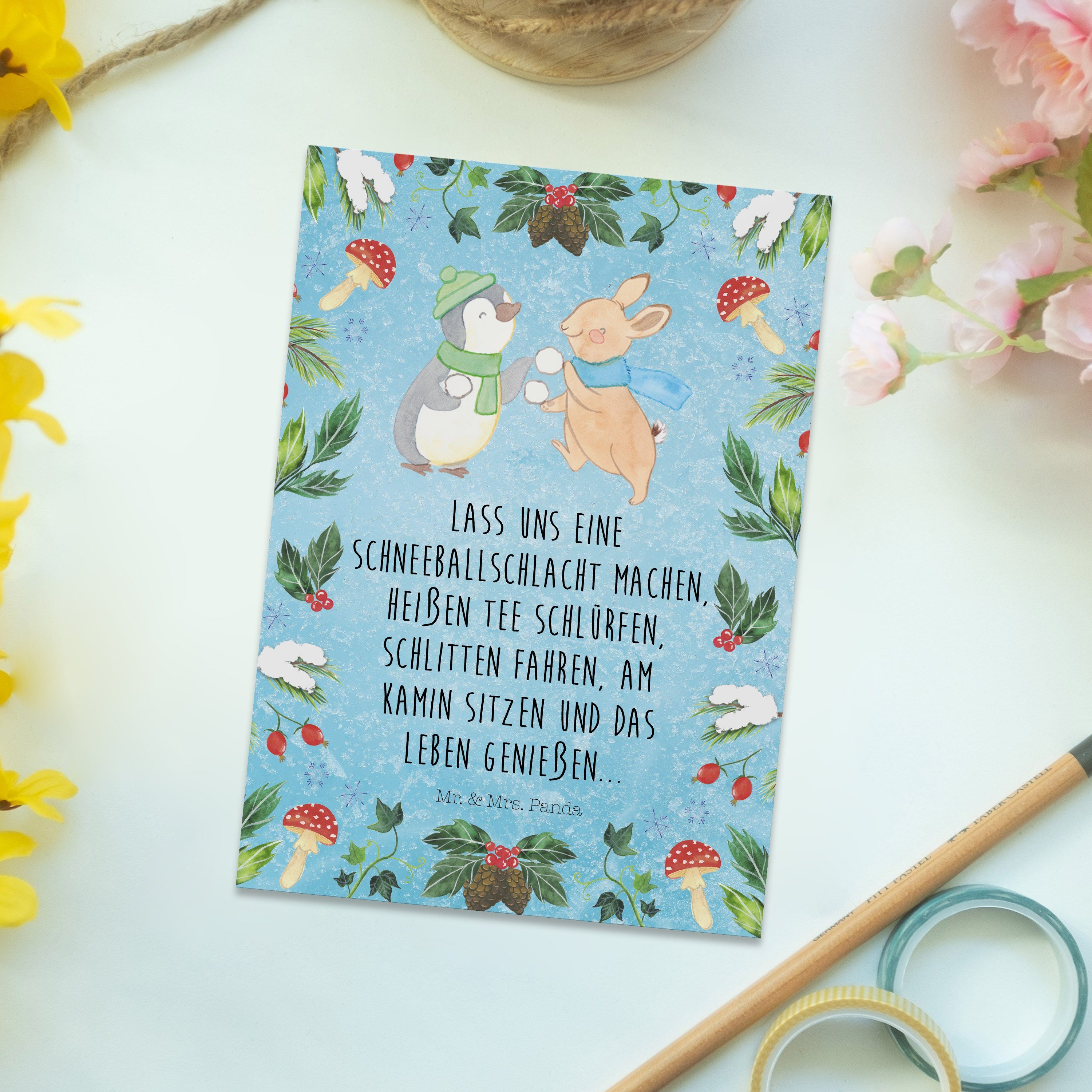 Mrs. Panda Schneeballschlacht Geschenkkarte Pinguin Hase Mr. - & Eisblau Geschenk, Postkarte -