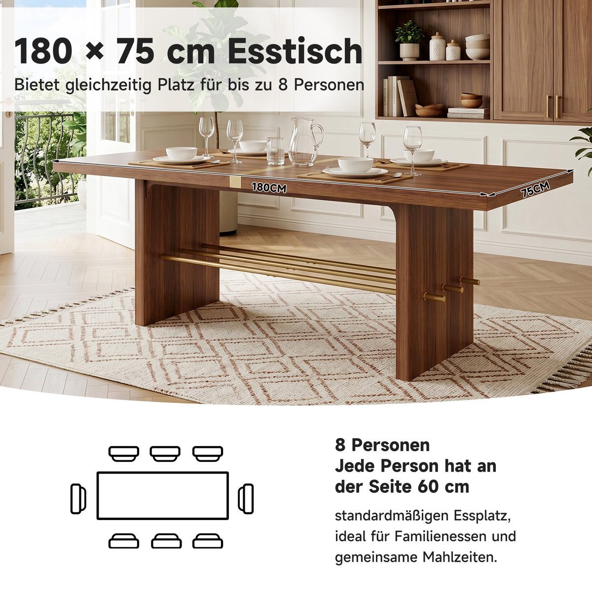 Odikalo Esstisch Küchentisch Wohnzimmertisch, wasserfest und kratzfest (180*75cm, für 6–8 Personen, Geeignet für Ess- und Wohnzimmer, modernes Design, 4 cm dicke Tischplatte)