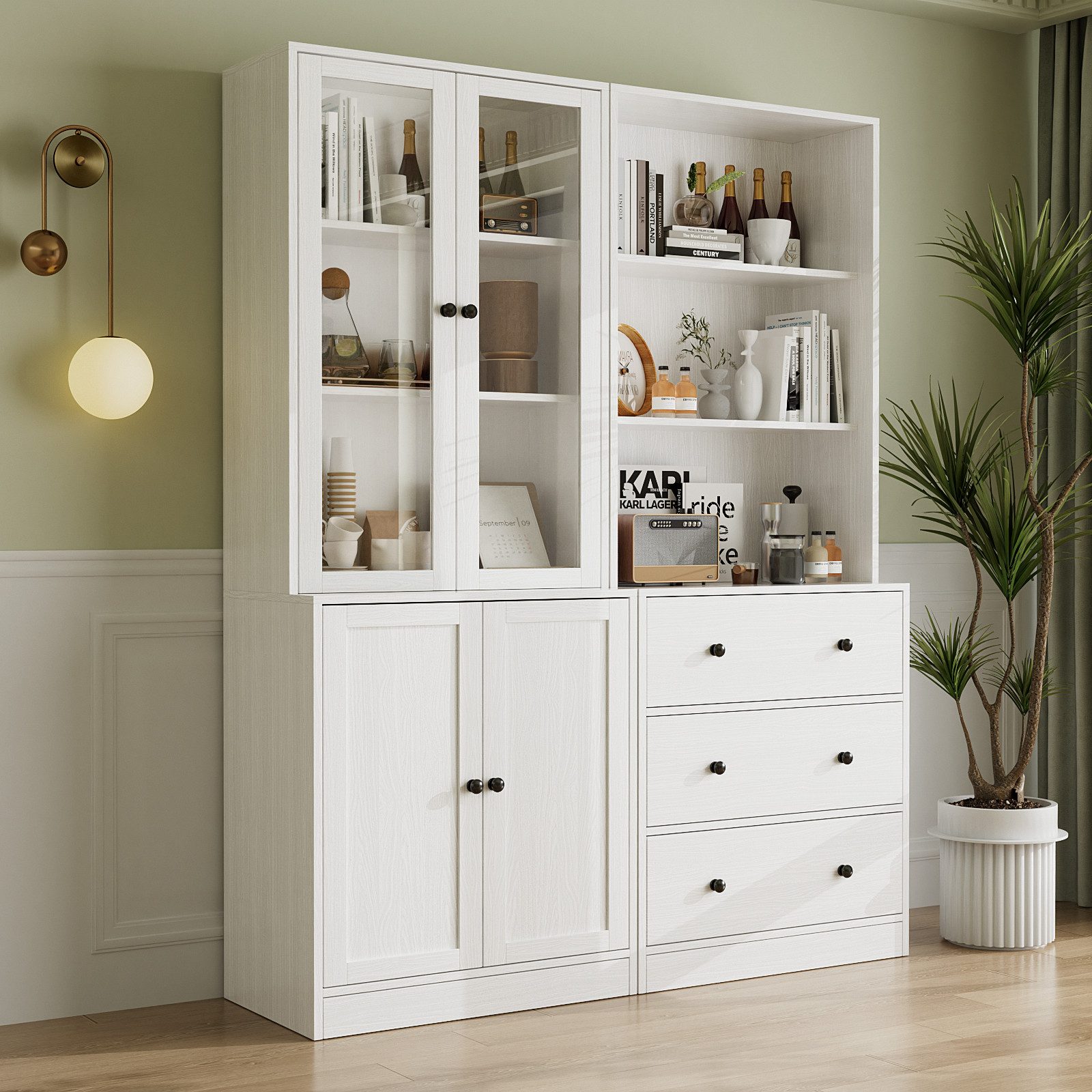 VOWNER Bücherregal 5-stöckiges Bücherregal mit Glastüren, 180 cm Vitrinenschrank, 2-tlg., multifunktionaler Küchenschrank Hochschrank & Buffetschrank