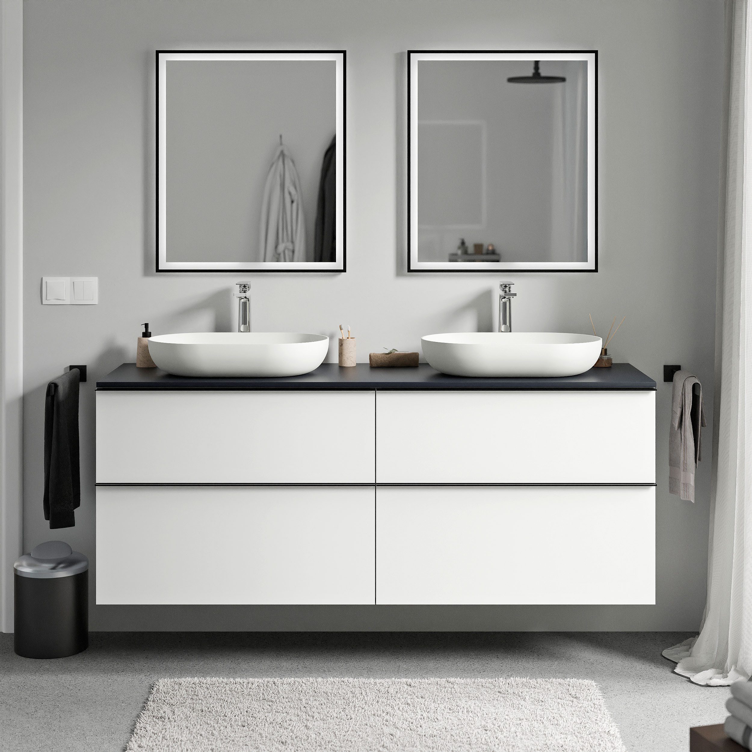 Bernstein Waschbeckenunterschrank LAVOA 160cm Weiß matt PLATTE Mitternachtsblau matt GRIFF Chrom Waschtischunterschrank mit Waschtischplatte 4 Schubladen