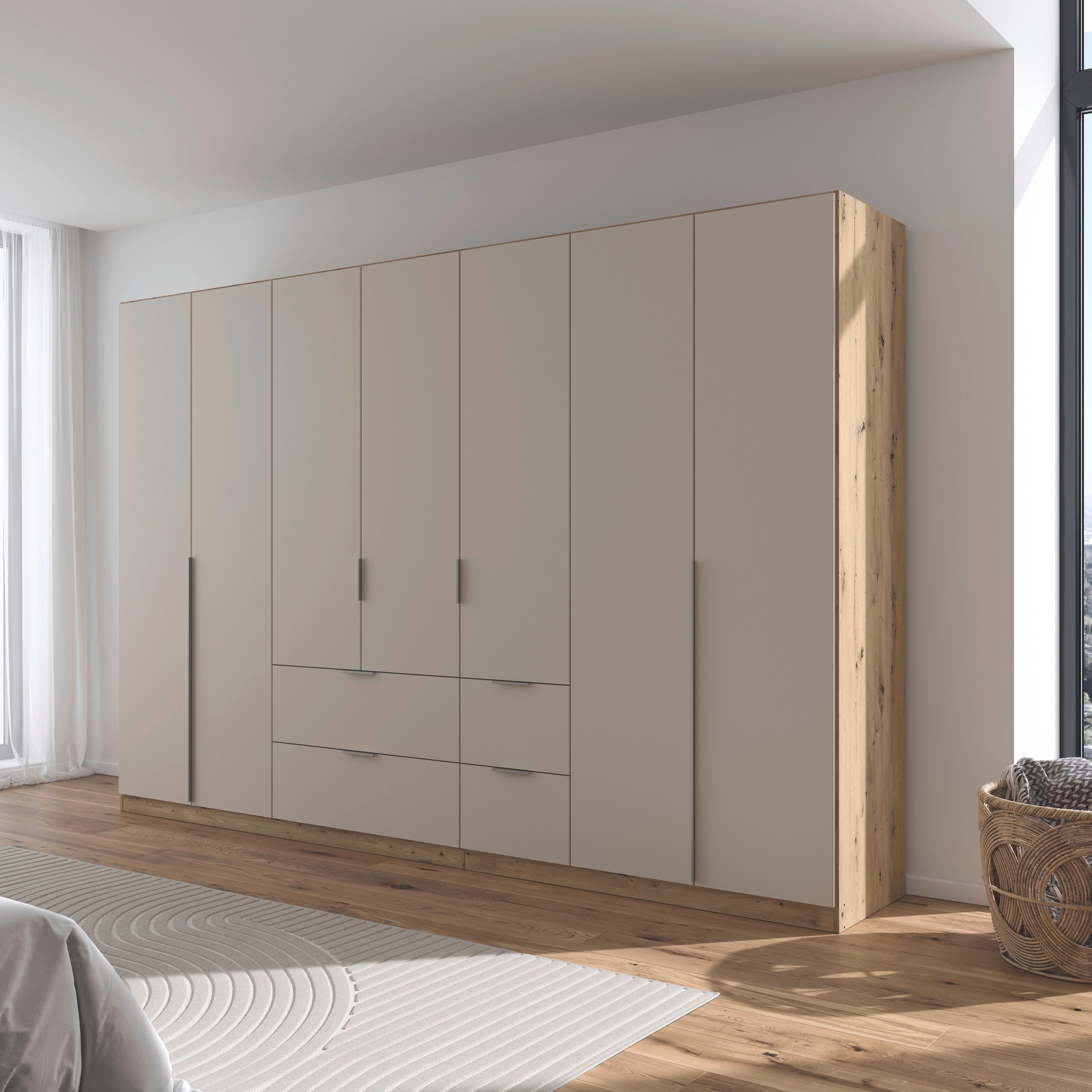 OTTO home Drehtürenschrank Kleiderschrank Schrank Garderobe AGORDO mit Dekor- oder Hochglanzfront (in zwei Griff-Farben, Breite 315 cm) mit Außenschubkästen, Serie in 7 Breiten und 2 Höhen MADE IN GERMANY
