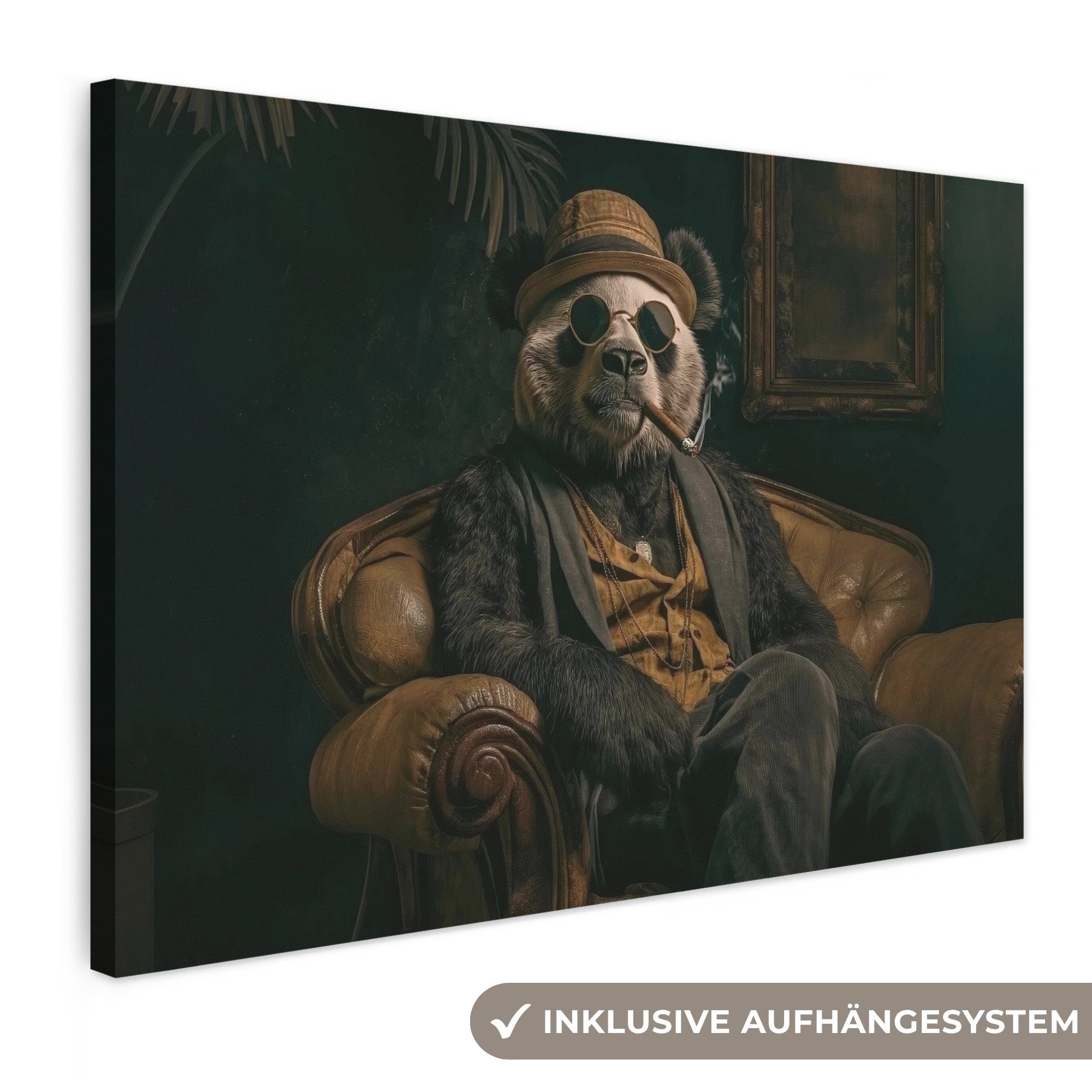 OneMillionCanvasses® Leinwandbild Panda - Hut - Brille - Anzug, Fotodruck (1 St), Leinwandbilder XXL Wohnzimmer, Deko Aesthetic 150x100 cm