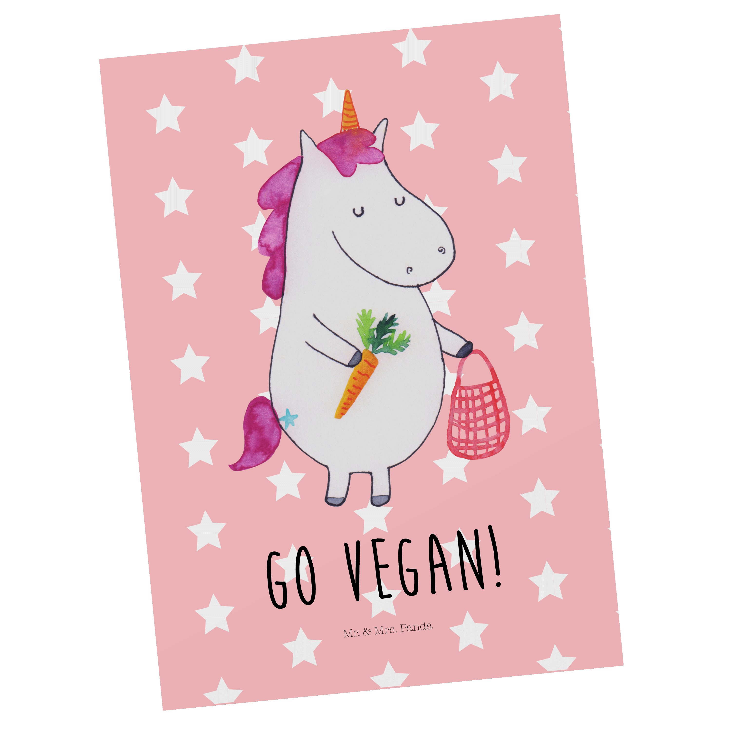 Mr. & Mrs. Panda Postkarte Einhorn Vegan - Rot Pastell - Geschenk, Pegasus, Rohkost, Grußkarte