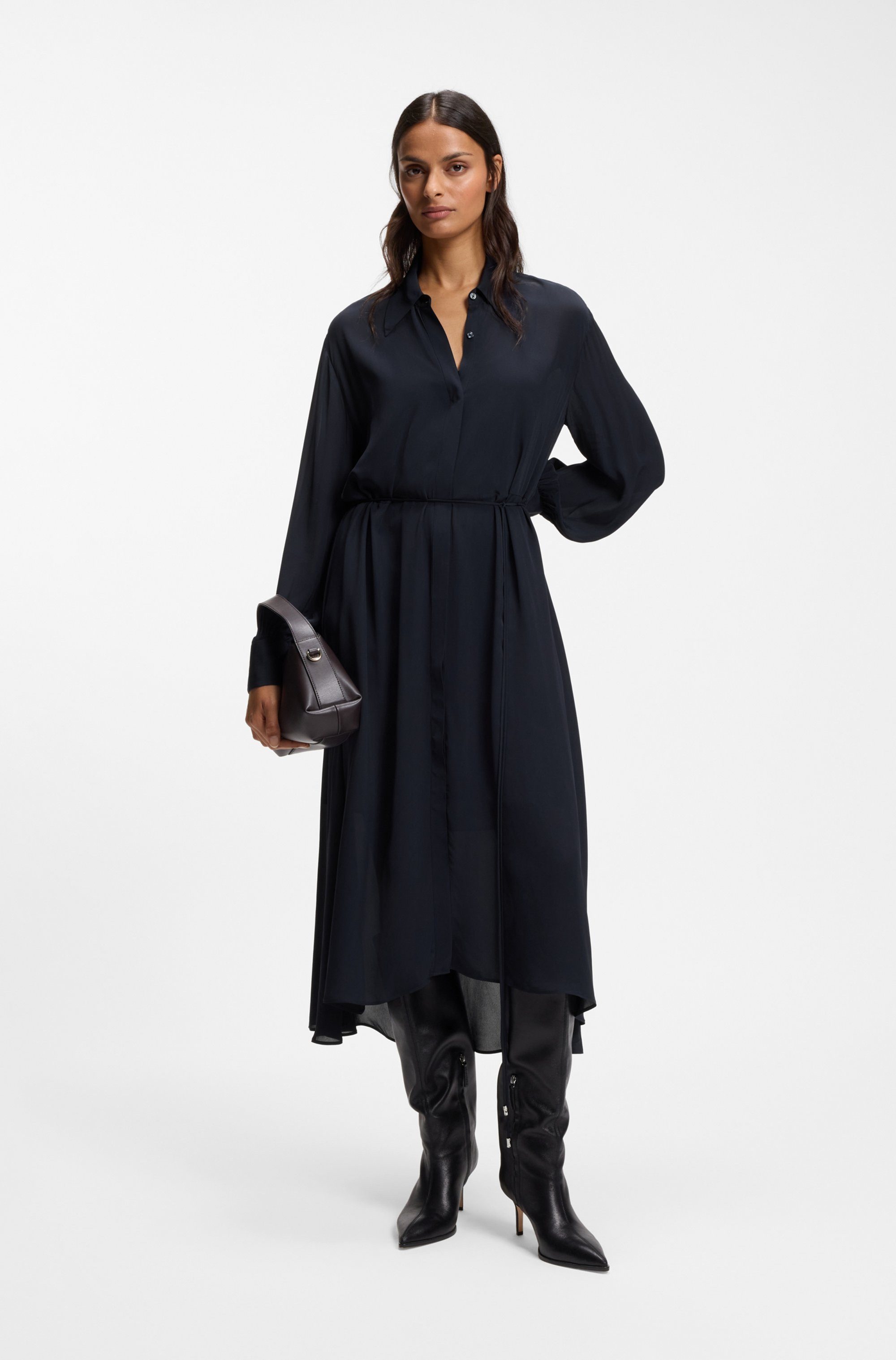 BOSS ORANGE Hemdblusenkleid Dristella Premium Damenmode aus Crêpe de Chine, Midi-Länge