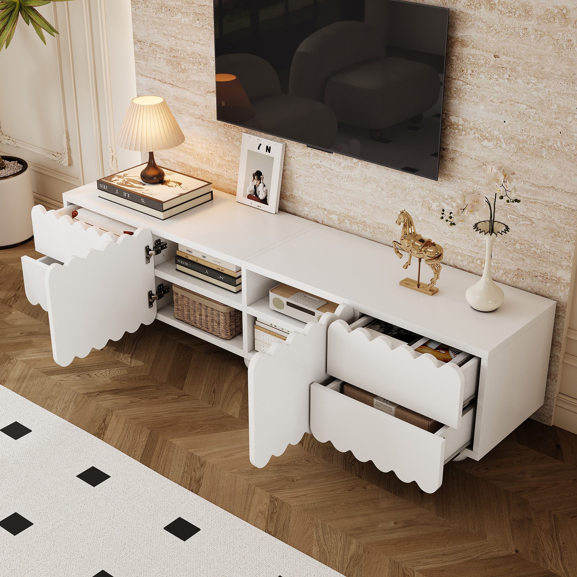 Merax Lowboard mit runden Beinen (1 St), TV-Schrank mit 2 Türen, 4 Schubladen & Stauraum, 175×38×37 cm