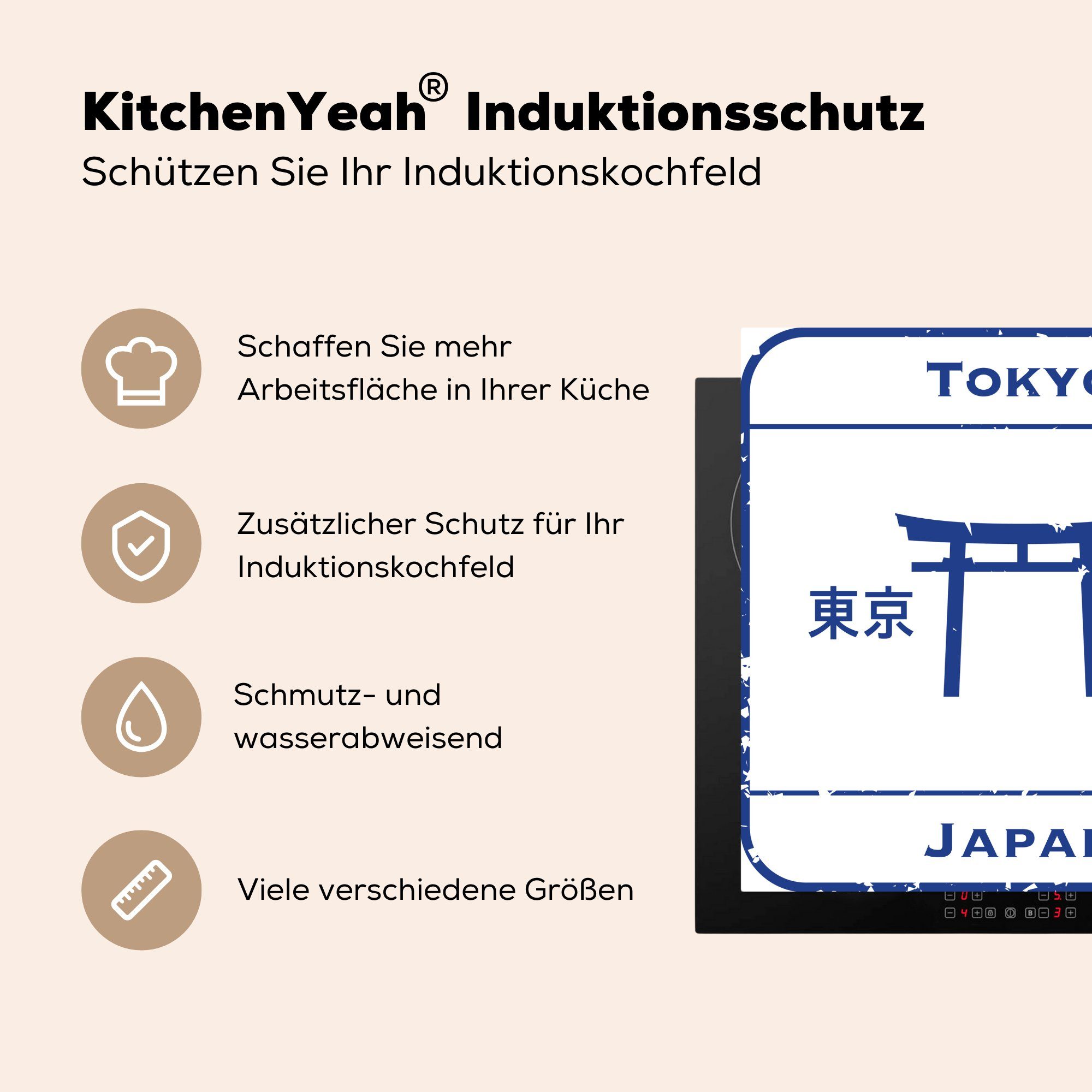 MuchoWow Herdblende-/Abdeckplatte küche einer Vinyl, Briefmarke Arbeitsplatte 78x78 Illustration tlg), für (1 cm, aus Tokio, Ceranfeldabdeckung