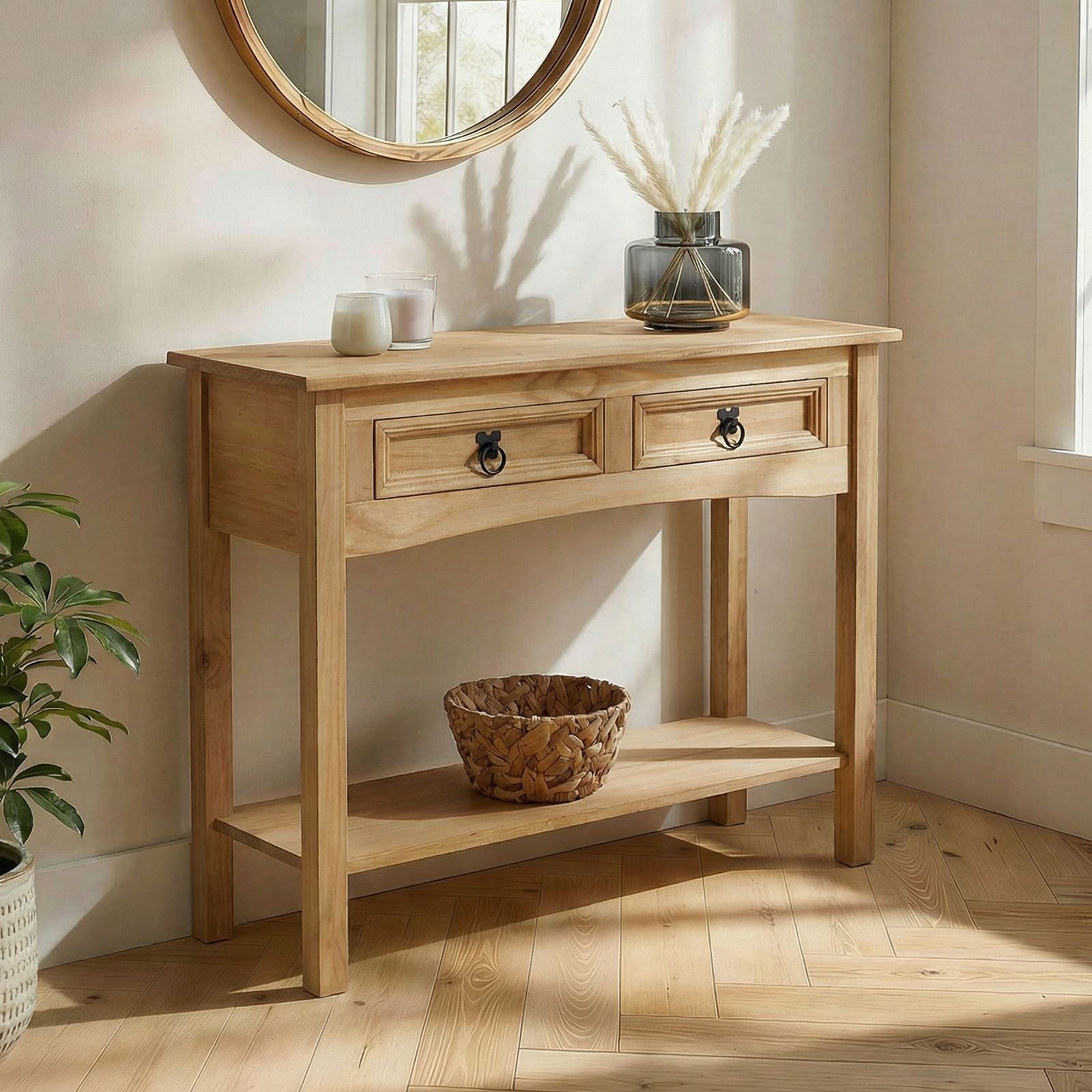 CARO-Möbel Konsolentisch SALSA, Schmaler Flurtisch mit 2 Schubladen und Ablage, Landhausstil natur