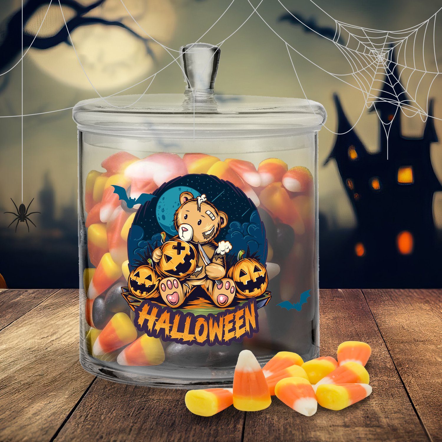 Keksdose Glas, Motiv Halloween schaurigem Handgefertigte Deckel aus und Glasdose Glas Halloween mit - 2-tlg), luftdichtem mit Teddy GRAVURZEILE (2, Deckel,