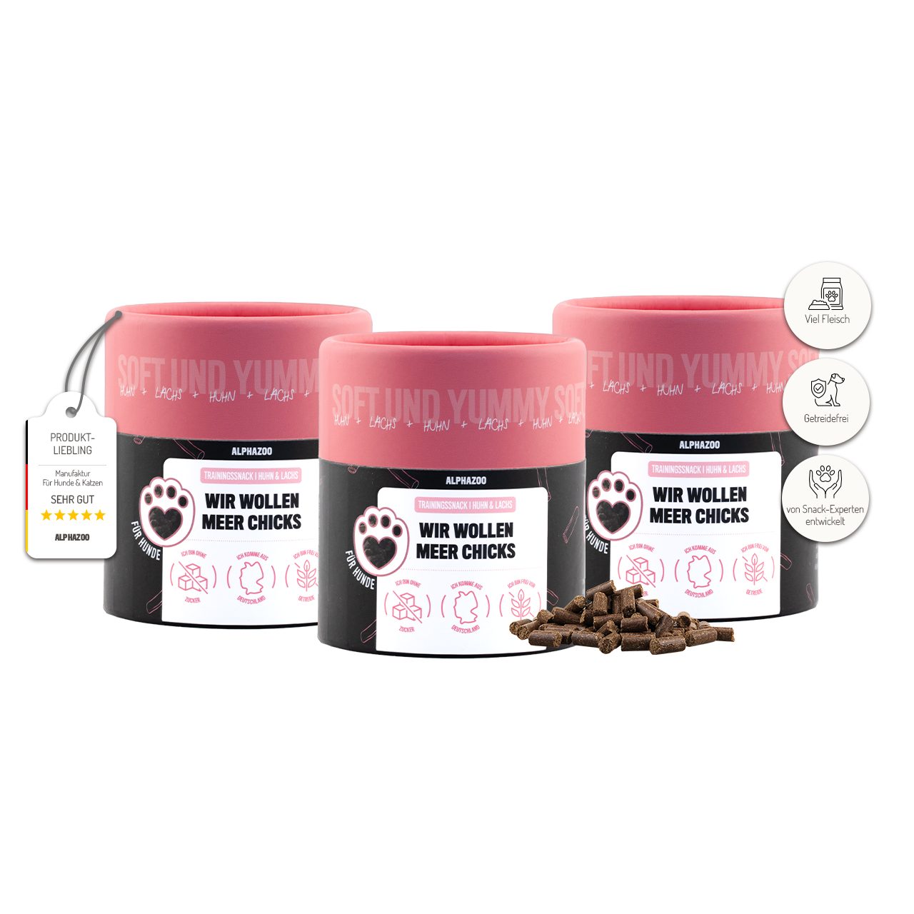 ALPHAZOO Wir wollen Meer Chicks 3 x 65g Lachs & Huhn, Snack für: Hund