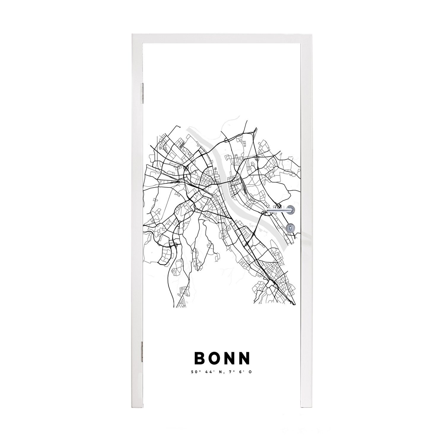 MuchoWow Türtapete Karte - Bonn - Schwarz-Weiß - Stadtplan, Matt, bedruckt, (1 St), Fototapete für Tür, Türaufkleber, 75x205 cm
