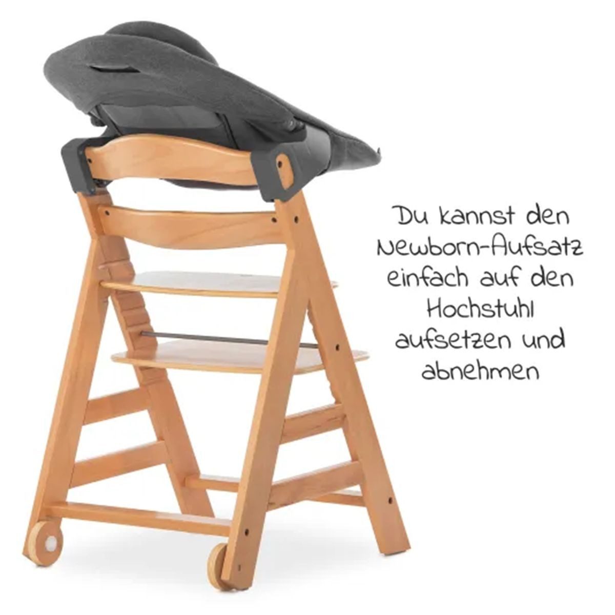 Hauck Hochstuhl Alpha Move Natur Newborn Set, Holz Babystuhl ab Geburt mit Neugeborenenaufsatz, Sitzkissen, Essbrett – Bild 5 von 5