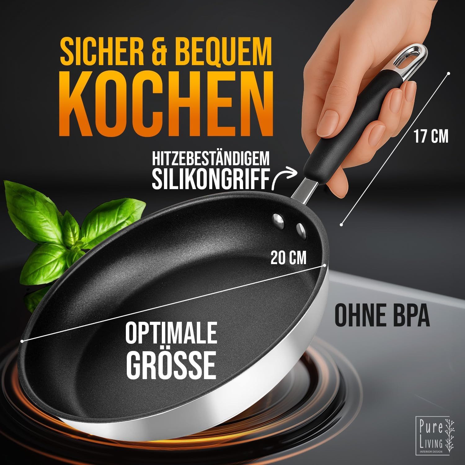 PURE LIVING INTERIOR DESIGN Bratpfanne Edelstahlpfanne, Antihaft, Induktion, alle Herde, 20 cm, Edelstahl (Edelstahlpfanne, 1-tlg., Perfekt zum Kochen von Speis – Bild 2 von 5