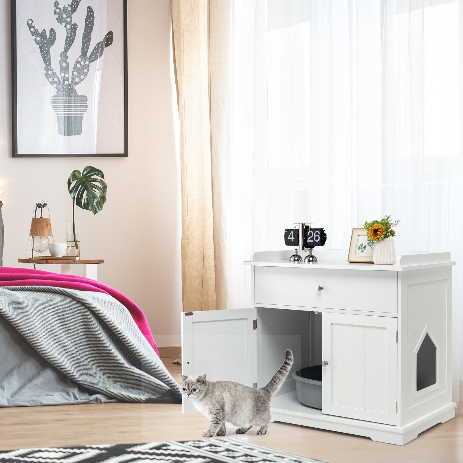 COSTWAY Tierhaus Katzenschrank, Katzenhaus, mit Schublade & Tür & Eingang, 3in1 Beistelltisch
