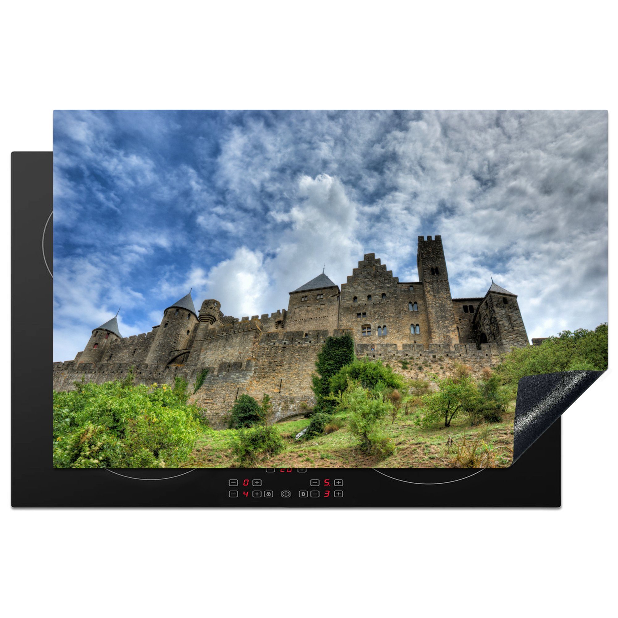MuchoWow Herdblende-/Abdeckplatte Carcassonne - Wolken - Schloss, Vinyl, (1 tlg), 81x52 cm, Induktionskochfeld Schutz für die küche, Ceranfeldabdeckung