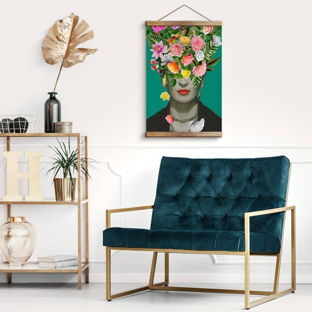 K&L Wall Art Leinwandbild Vintage Stoffbild Poster Frida Floral Studio Blumen Portrait, Retro Ikone Banner ohne Zubehör