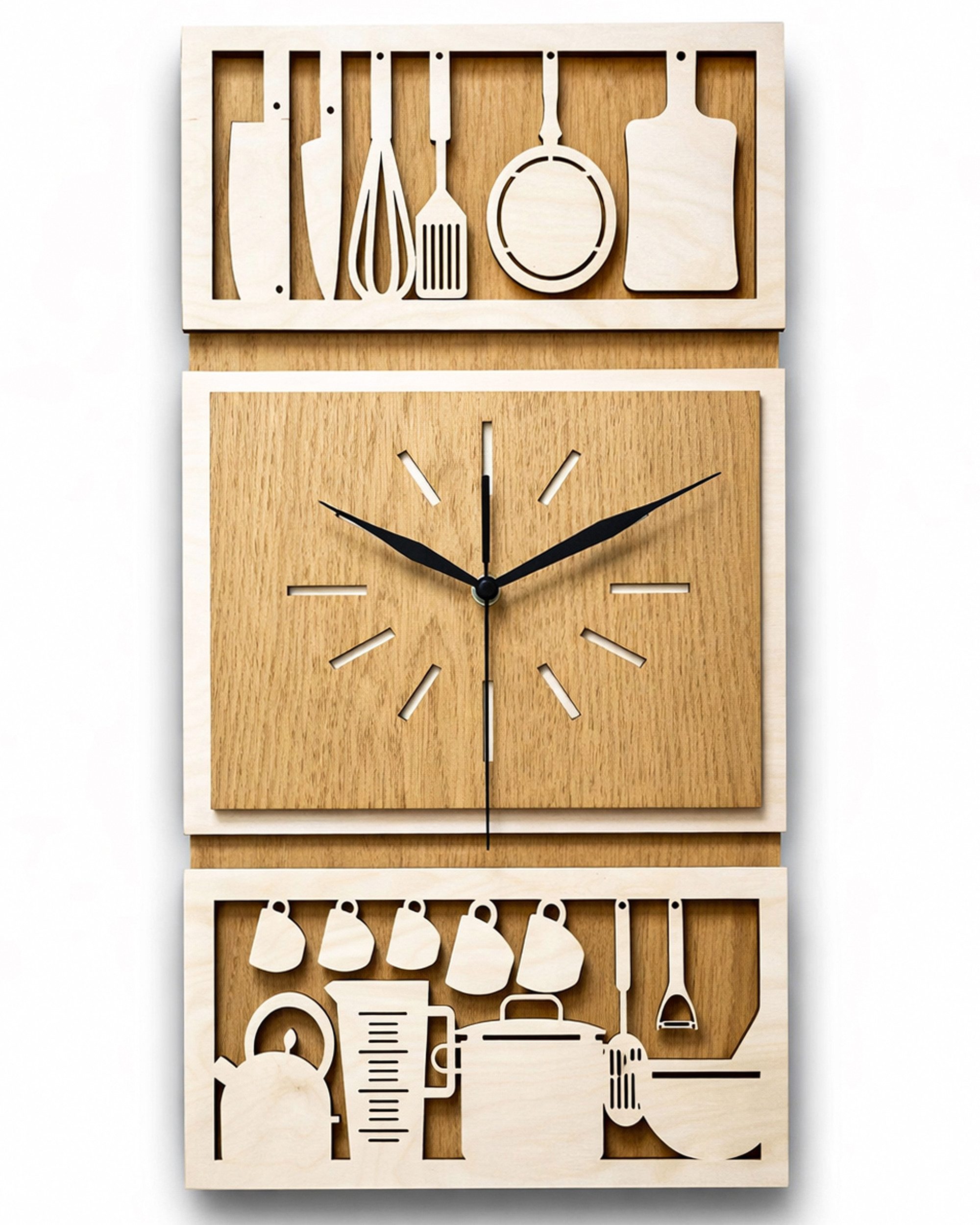ORNAMENTI Wanduhr Große Küchenuhr, handgefertigte,moderne aus Holz, Hingucker Wanddeko (lautlos, ohne Tickgeräusche für Wohnzimmer, ohne Ziffern)