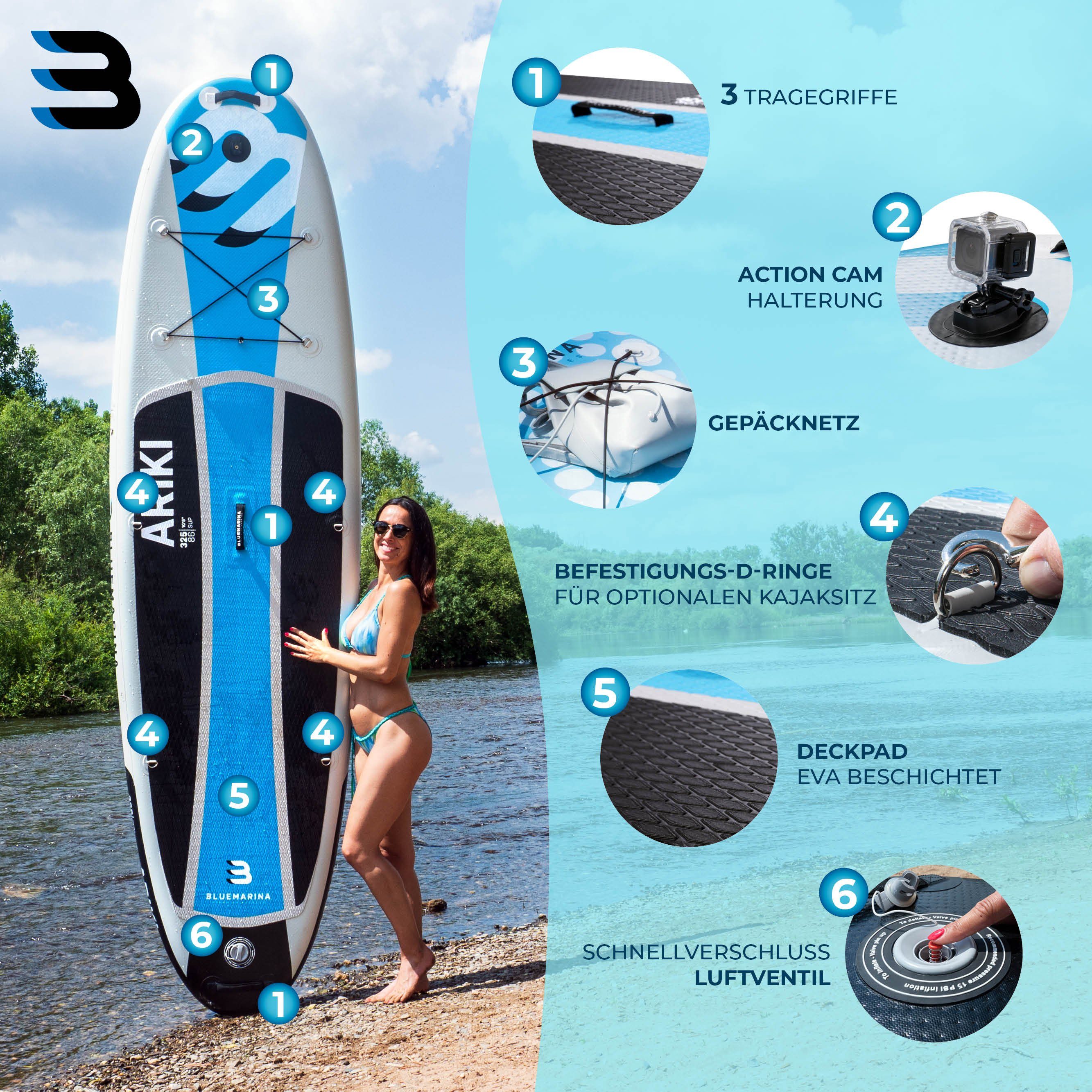 (Kinder/Erwachsene Board, PVC Stand Bluemarina Wasserabweisend), - Paddle inkl. Garantie, Paddelboard, Paddle D-Ringe Paddling bis Ariki kg Stand - (10 - - 3-Finnen dick, - - - Surfboard Board 5 - UV Action-Cam-Halterung, board, Resistentes Transportrucksack Surfboard, Up - kg), cm Paddelboard SUP 15 90 max Surfbrett SUP-Board Bluemarina 140 PVC, Aufblasbares Up J.