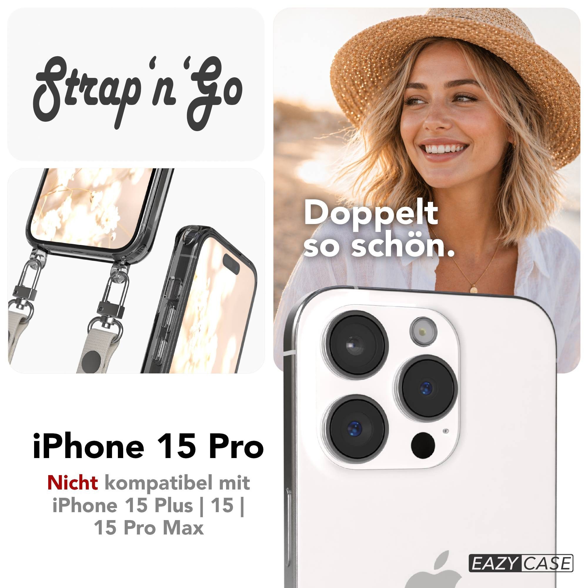 EAZY CASE Handykette für Apple iPhone 15 Pro Handyhülle mit Handyband magnetisch, Umhängeband fürs Handy in Taupe mit Magnetband bis 1,90 m