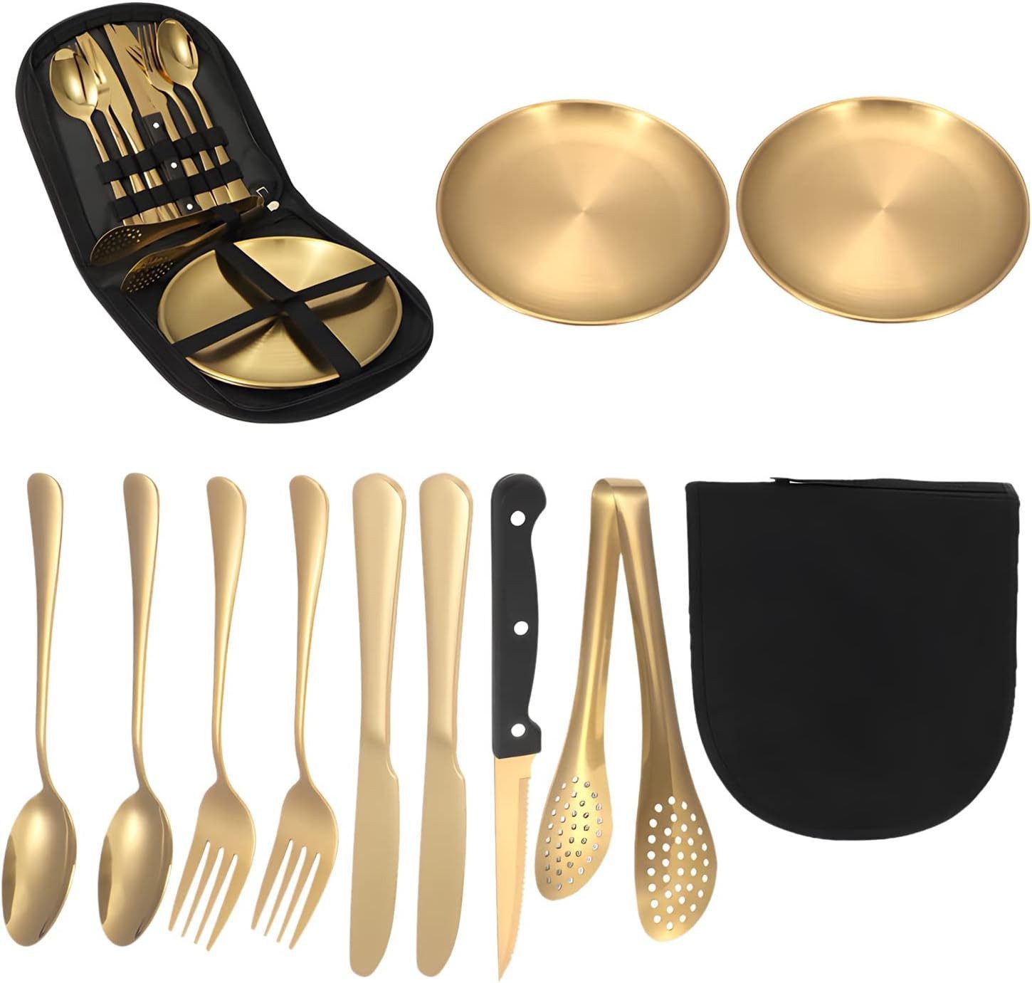 Forrlite Besteck-Set Besteck Set für 2 Personen, 10 teiliges Camping Geschirr Set, Tafelmesser, Essenslöffel, Teegabeln, Aufbewahrungsbeuteln
