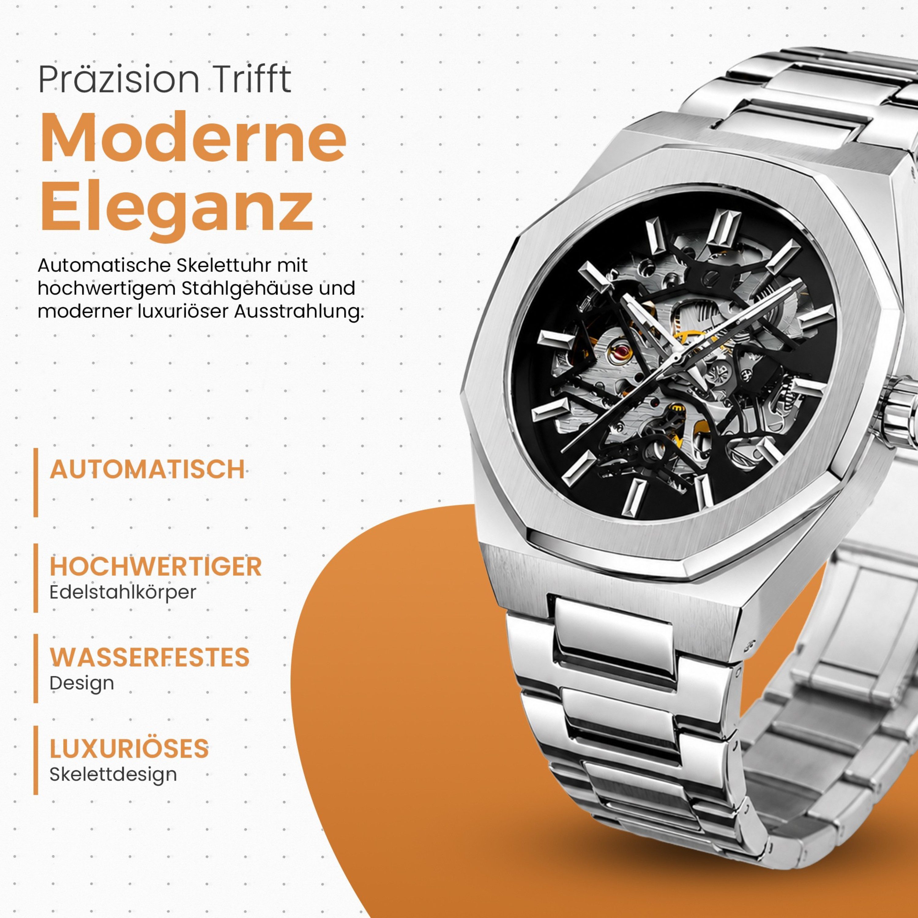S&T Design Automatikuhr Mechanische Uhr Skelett Edelstahl, (inkl. Uhrenetui, und Armbandkürzer), Automatik Armbanduhr für Herren, Achteckig, Wasserdicht, Transparent