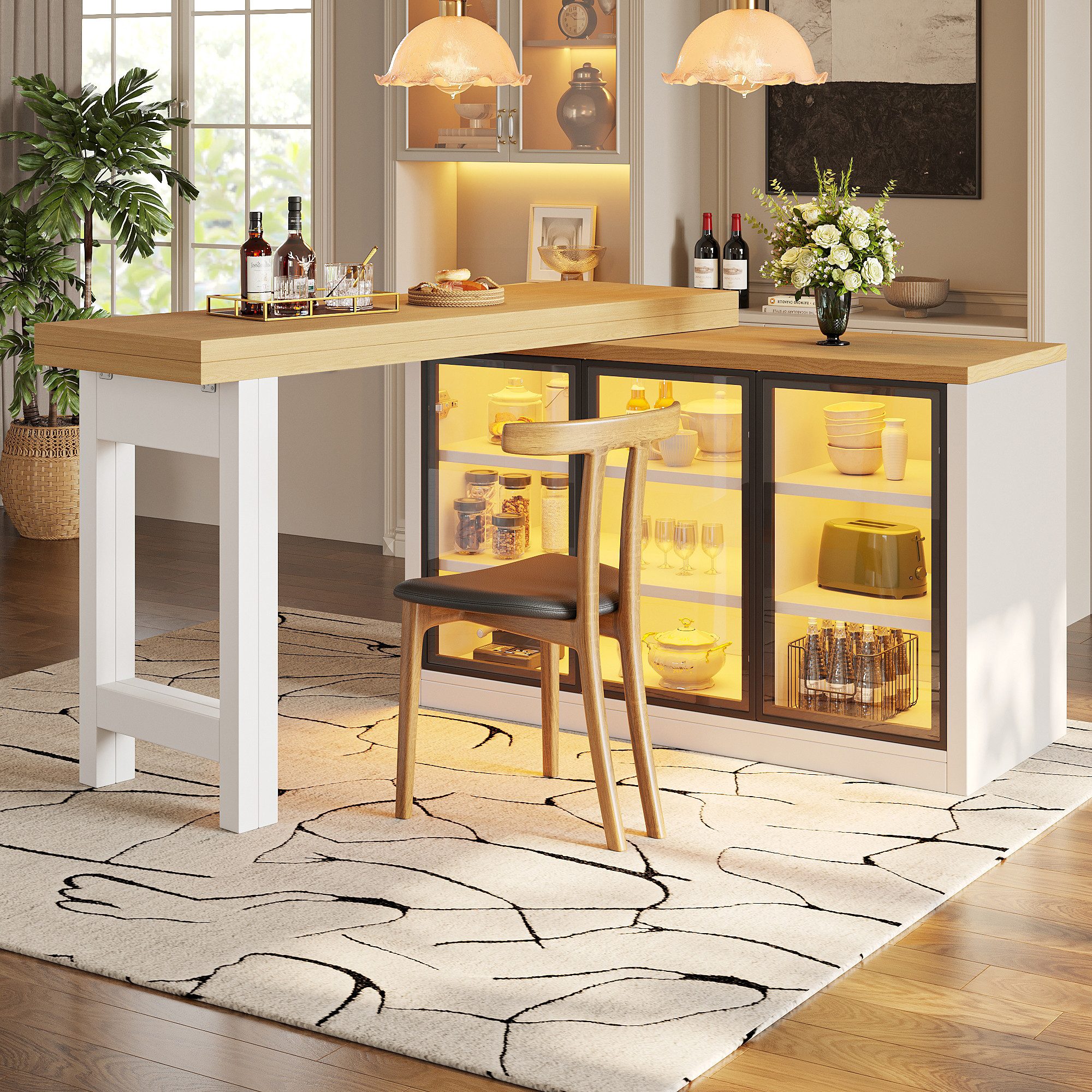 Flieks Kücheninsel mit 360° drehbarer und klappbarer Esstisch, LED-Beleuchtung, Glastüren, (Holzoptik Tischplatte Tiefe 40-80cm, Längenverstellbar 120-197 cm), ausziehbarer Arbeitstisch & multifunktional Mehrzweckschrank Weiß