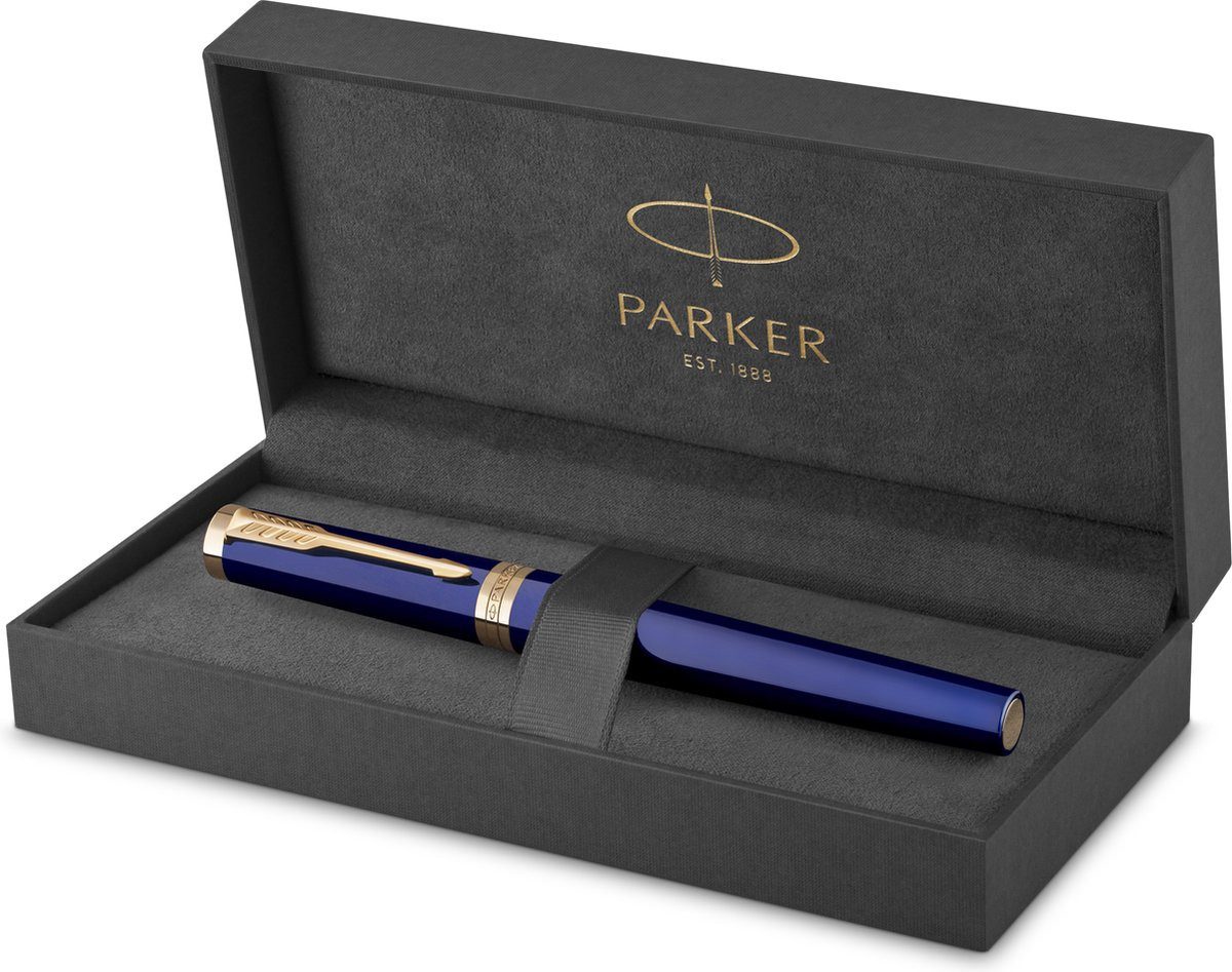Parker Füller Ingenuity Core Blau mit goldener Akzent, feine Spitze, schwarze Tinte, (1-tlg), Entfernbare schwarze Tinte, nachfüllbar, Clip aus Metall, für Rechts