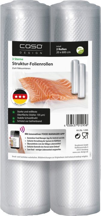 Caso Vakuumier-Folienrollen 1295, Zubehör für alle CASO Balken-Vakuumierer  FreshVAC WMF Rommelsbacher LAIDA Gastroback FoodSaver Solis Steba Lava,  20x600cm; 2 Stk. Stärke 105 µ